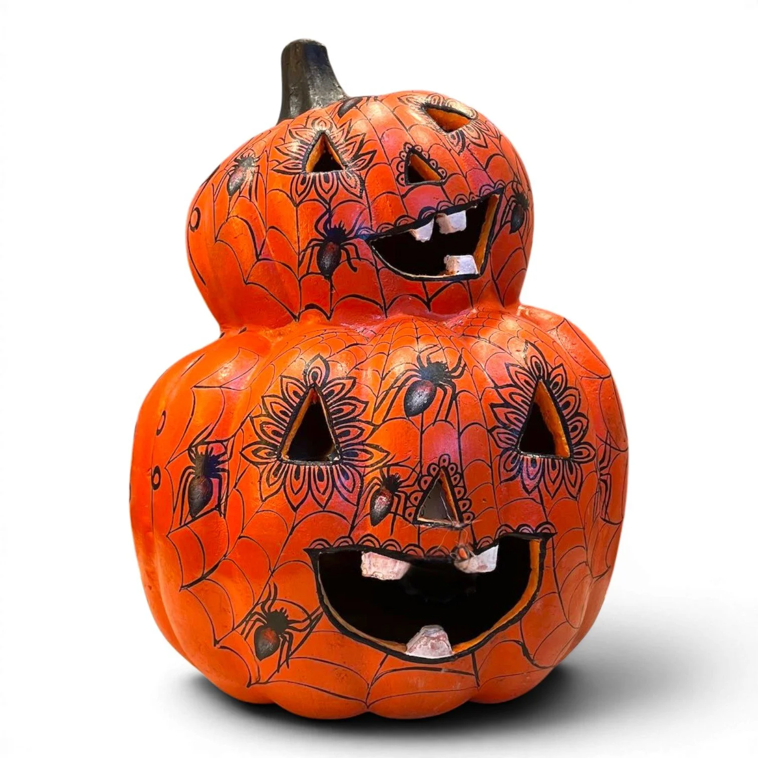Handmade Mexican double clay jack-o’-lantern with hand-painted spider and web design