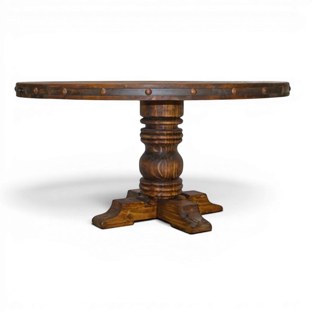 Especial Vallarta handmade Mexican round dining table with turned pedestal base, iron trim, decorative clavos, distressed tabletop, and rich dark stain.