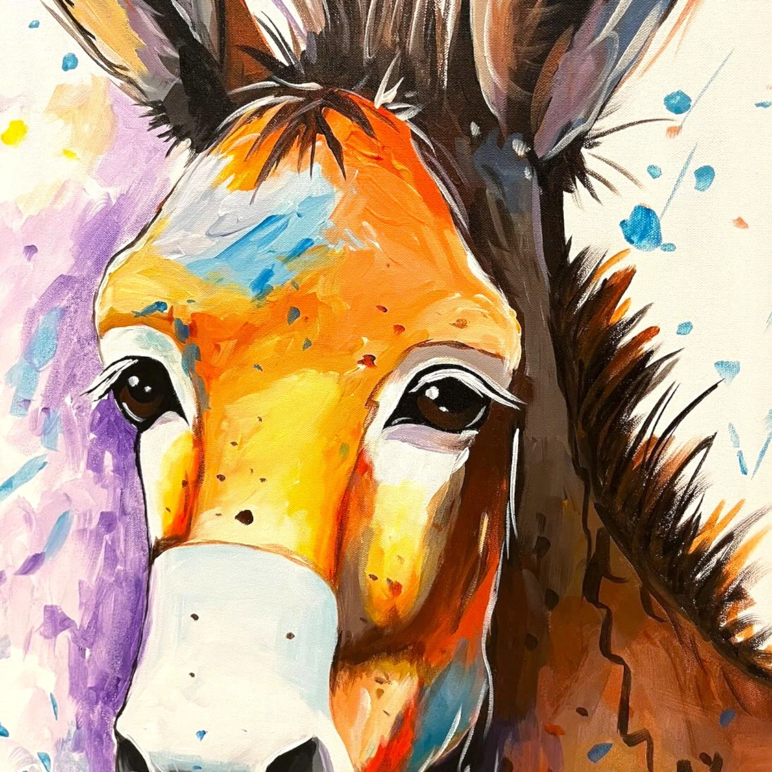 Hand-painted Mexican donkey canvas artwork in soft pastel colors