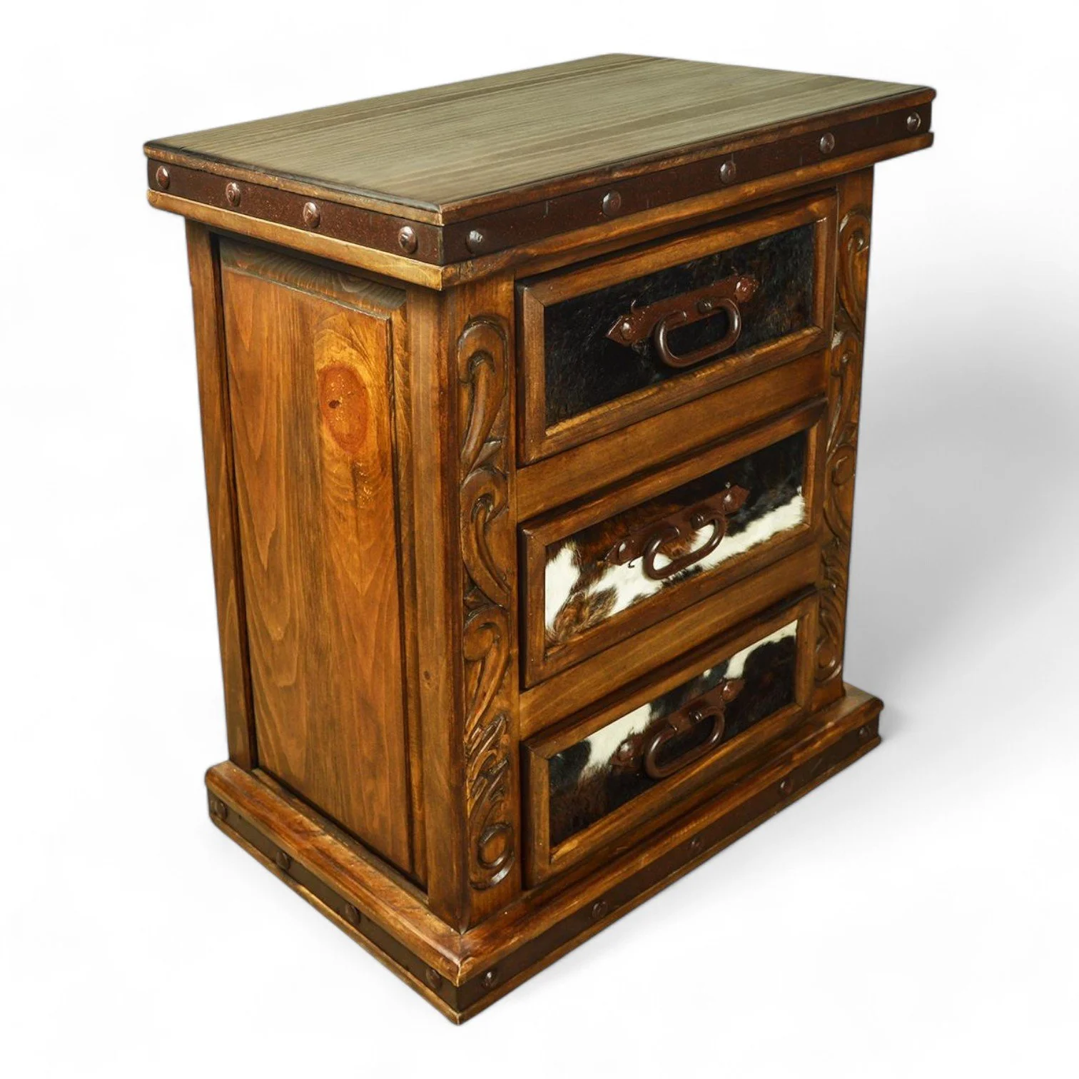 Hacienda Carved & Cowhide Nightstand