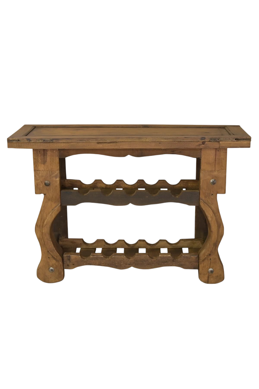 Shop the Sonoita Wine Console handmade in Mexico. Western yoke-style wine console with dark stain, clavos accents, and rustic artisan wine display storage.
