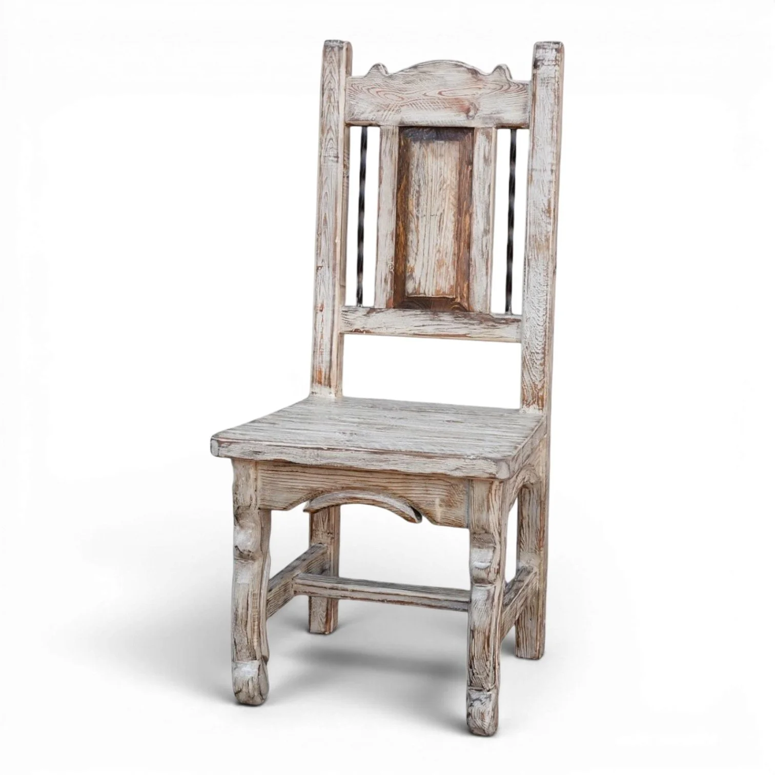 Silla Veracruz handcrafted Mexican reclaimed wood dining chair with twisted iron backrest and hand-carved details