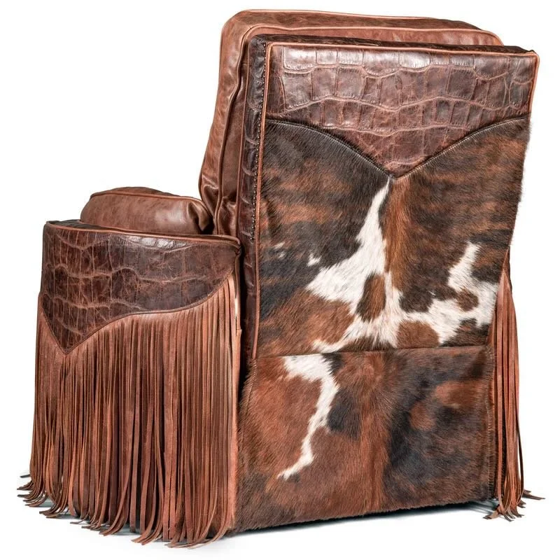 Maverick Western leather and cowhide recliner with top-grain leather upholstery, genuine cowhide accents, hardwood frame, and nailhead trim.