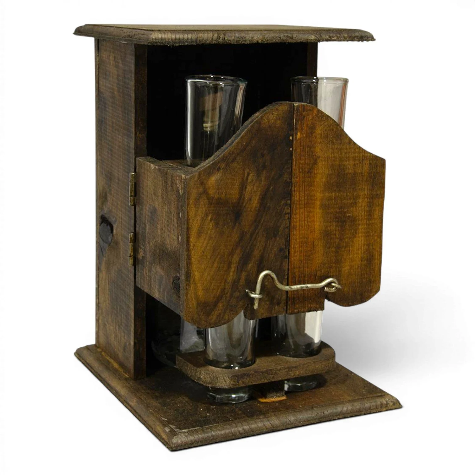 Handmade La Antigua Western tequila display with handblown bottle, four shot glasses, and rustic wooden cantina display crafted in Mexico.