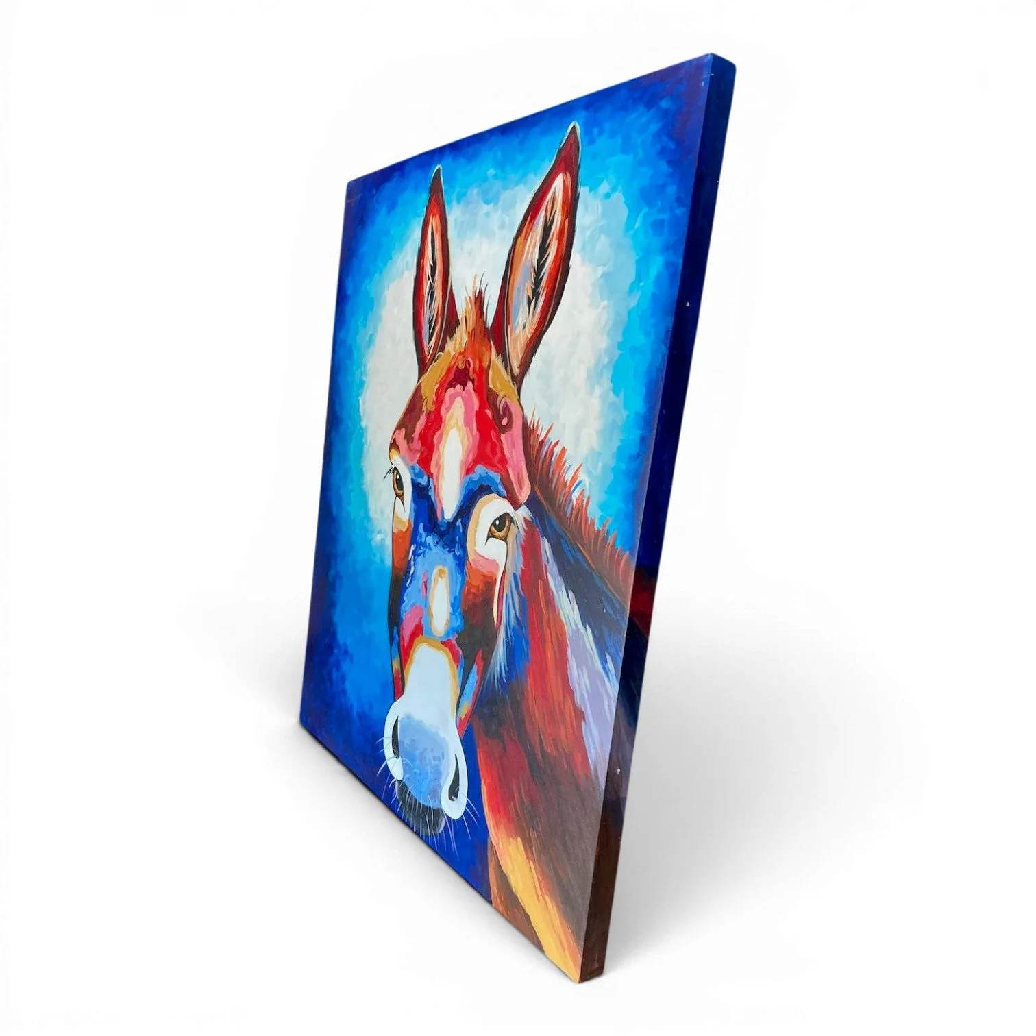 Hand-painted Mexican Burro Bonito donkey canvas artwork with vibrant blue and red tones