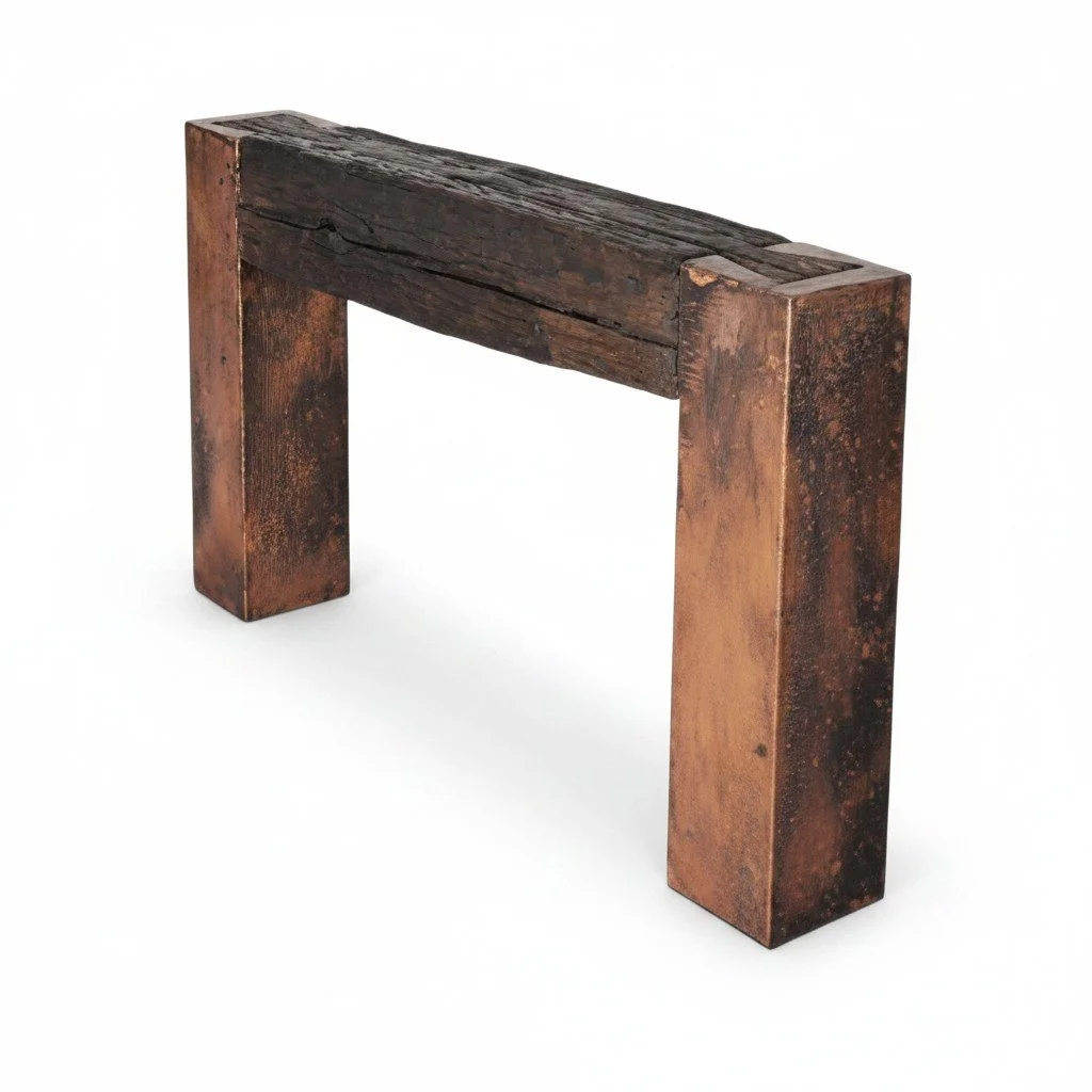 Handmade El Naranja Cobre entry table with solid beam wood construction and copper-wrapped legs crafted in Mexico.