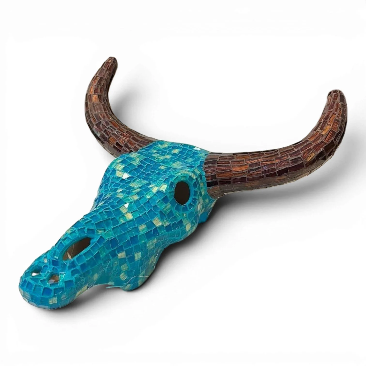Handmade Mexican mosaic longhorn wall art with hand-formed clay skull and colorful glass tiles