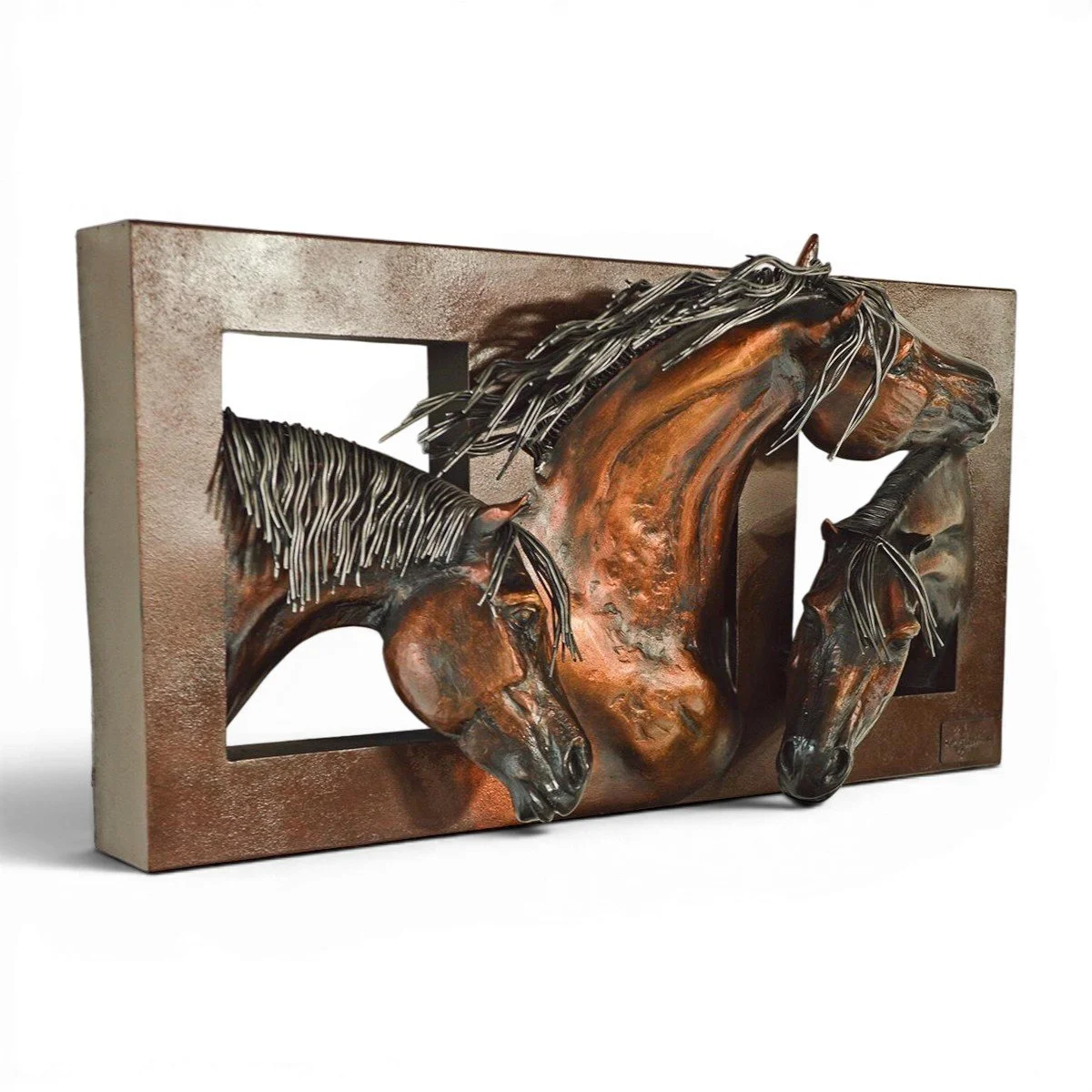 Tres Caballos framed bronze-toned gilt copper relief wall art featuring three life-size horse heads with exceptional Western detail.
