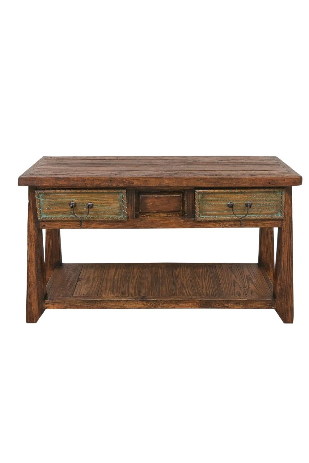 Shop the Stetson Old West Sofa Table handmade in Mexico. Rustic sofa table with turquoise wash, drawers, iron hardware, and Western style.