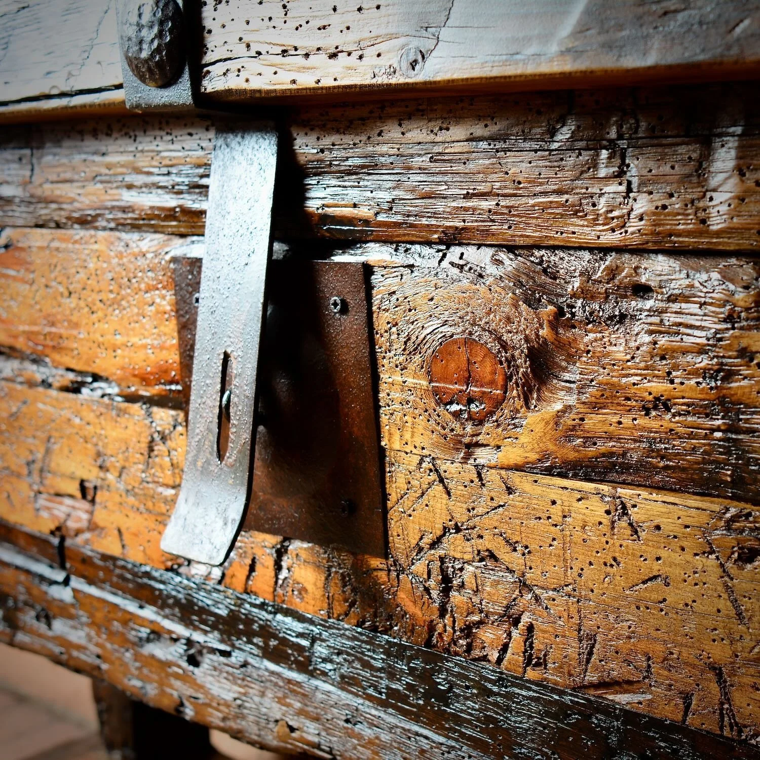 Handmade Mexican reclaimed wood sofa table trunk with iron hardware and clavos