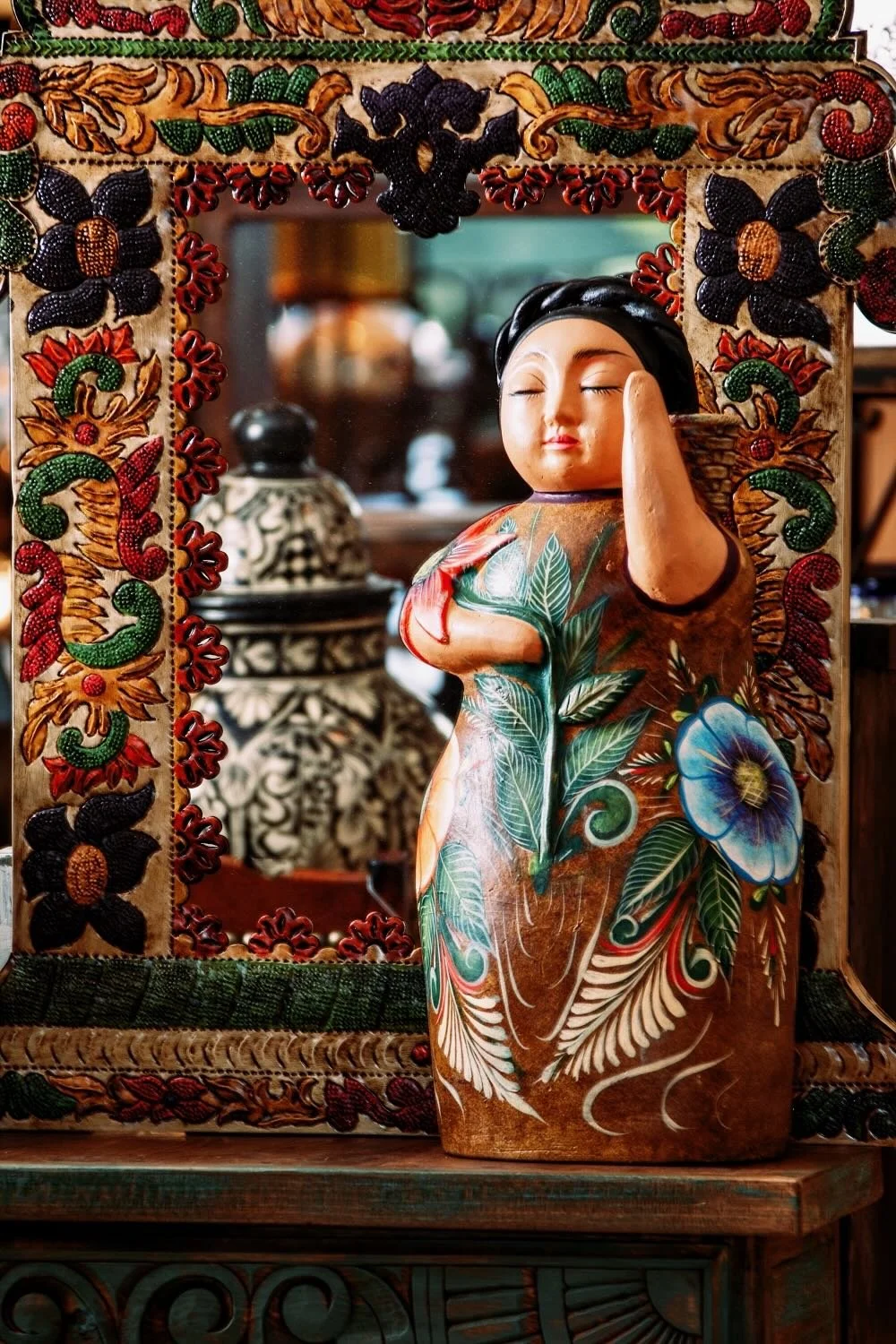 Handmade and Hand Painted Clay Gordita Doll and Mirror from Mexico.