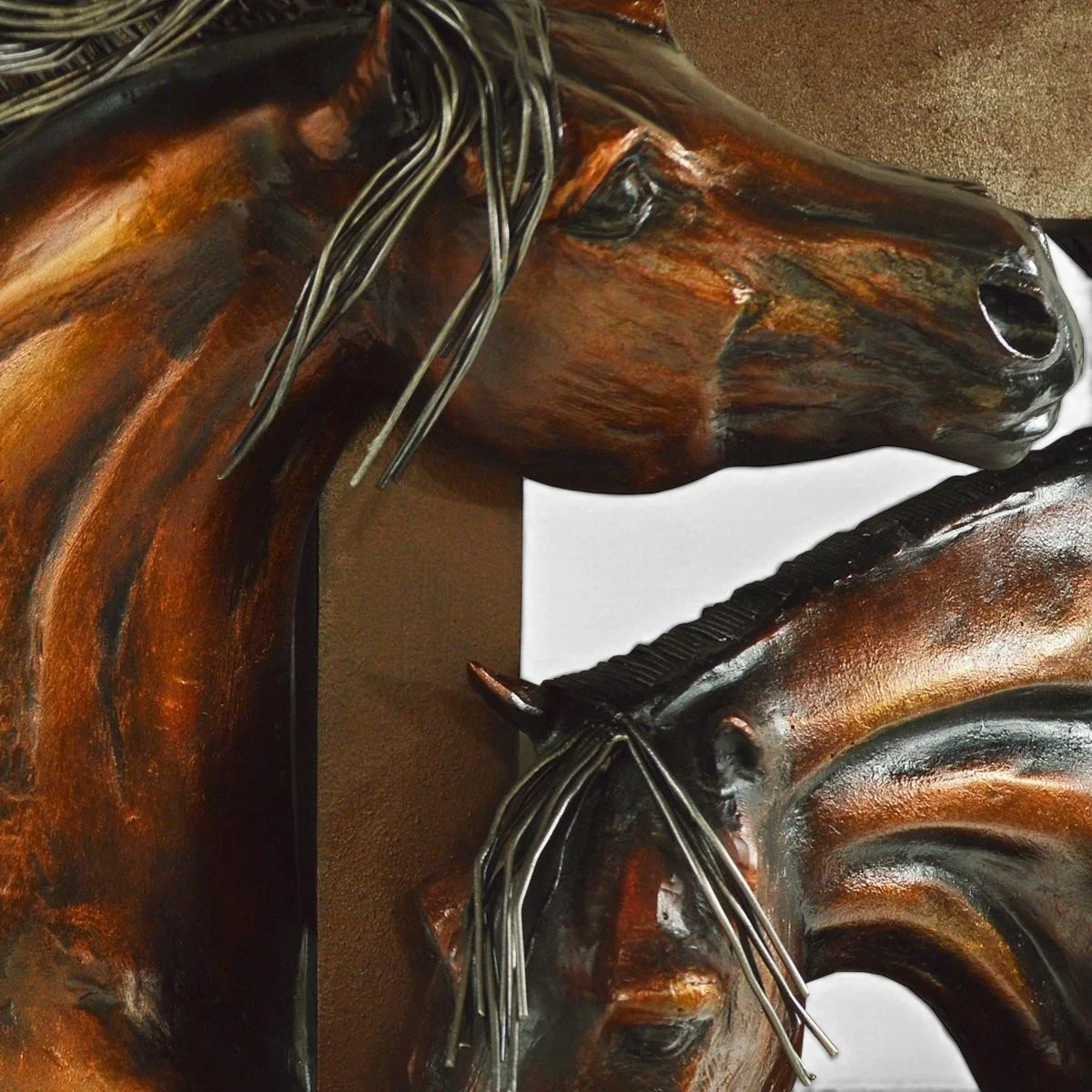Tres Caballos framed bronze-toned gilt copper relief wall art featuring three life-size horse heads with exceptional Western detail.
