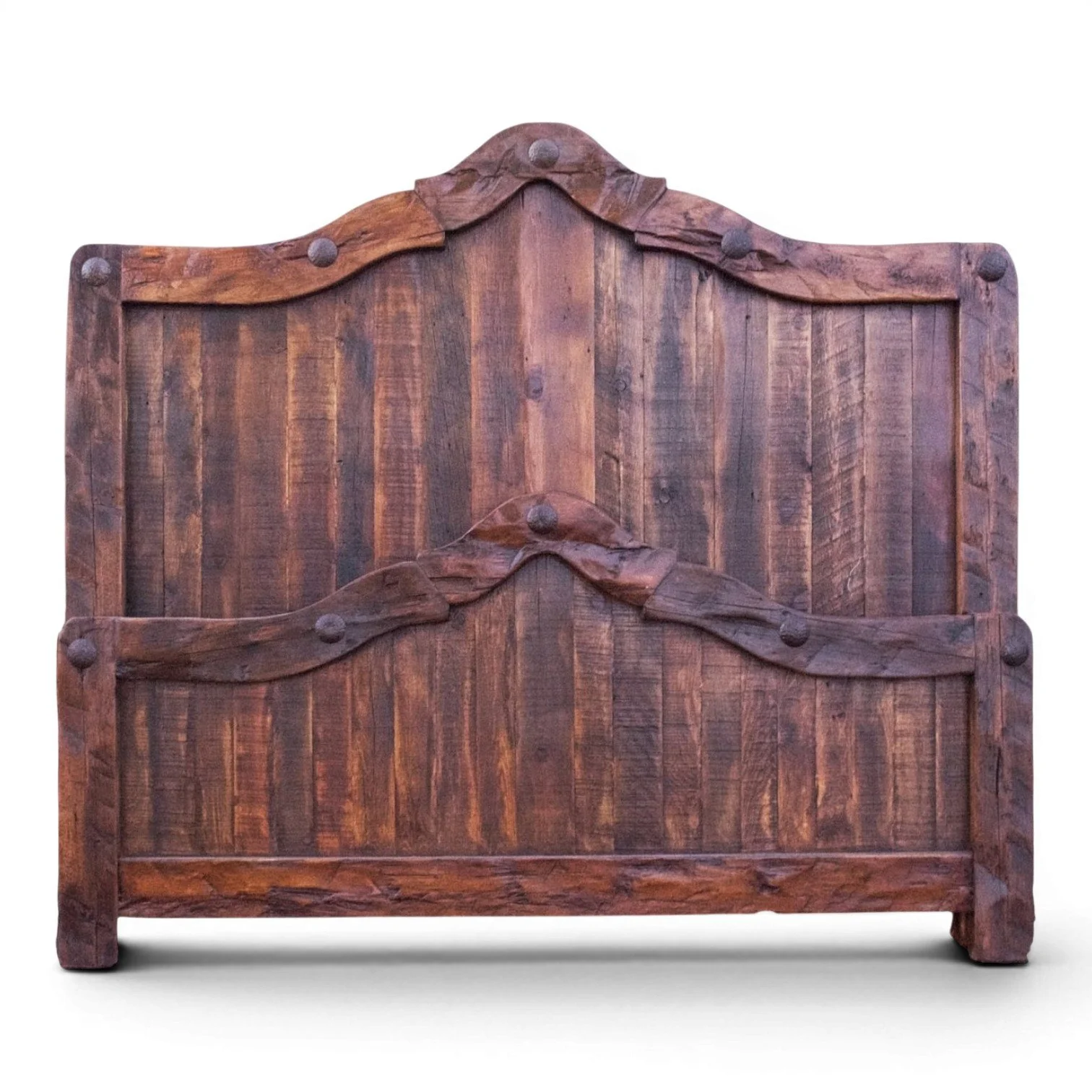 Hacienda Rústica y Elegante handcrafted Mexican reclaimed wood bed with arched headboard, dark stain, and iron clavos