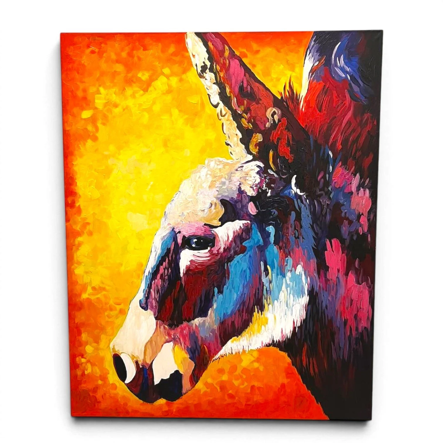 Hand-painted colorful Mexican donkey canvas artwork with textured finish