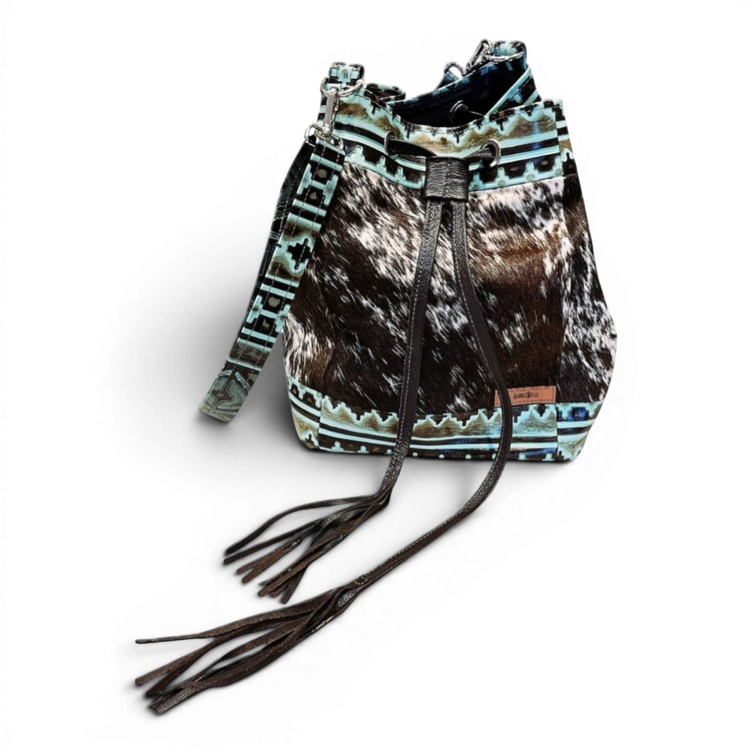 Handmade Brazilian cowhide boho bag with genuine leather and natural hide details