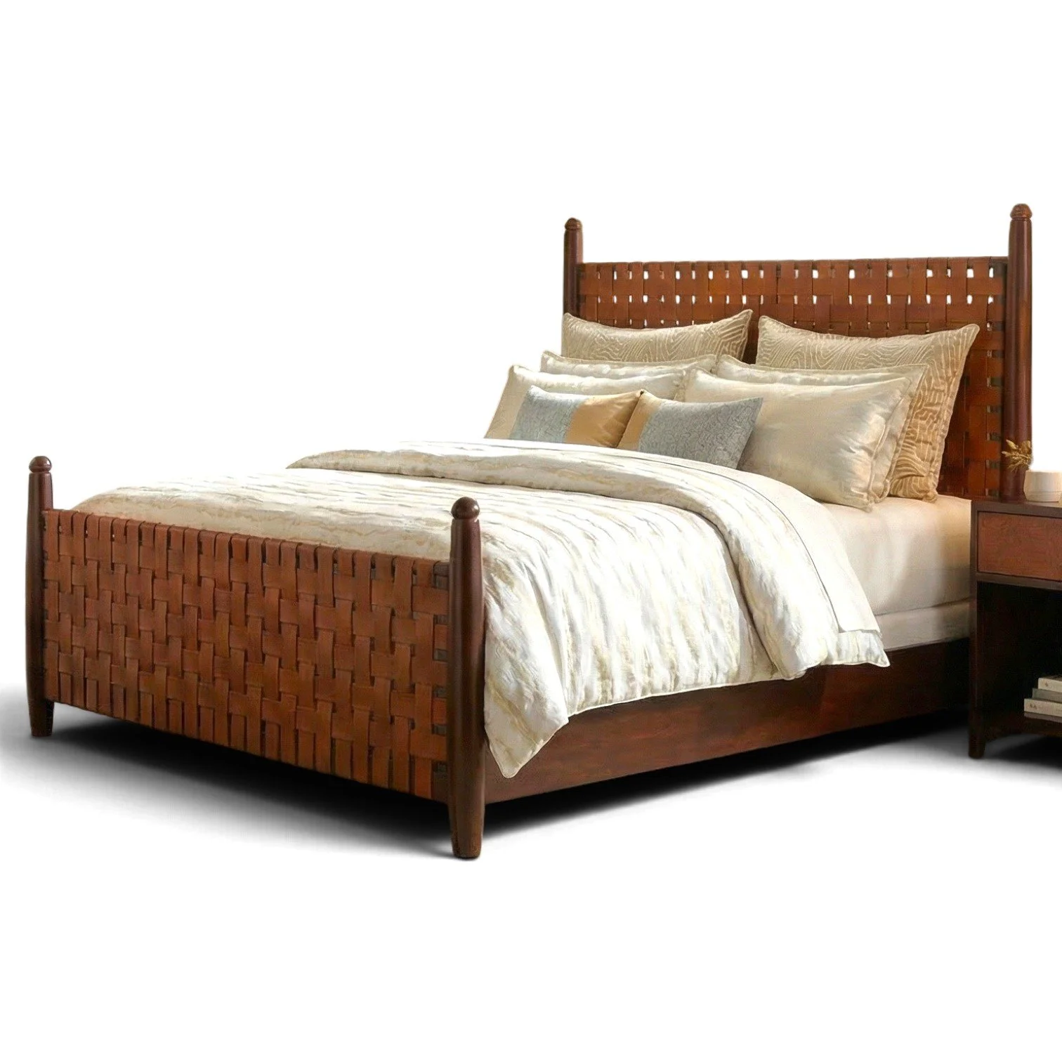Handmade king bed with hand-woven leather headboard and footboard, wood frame