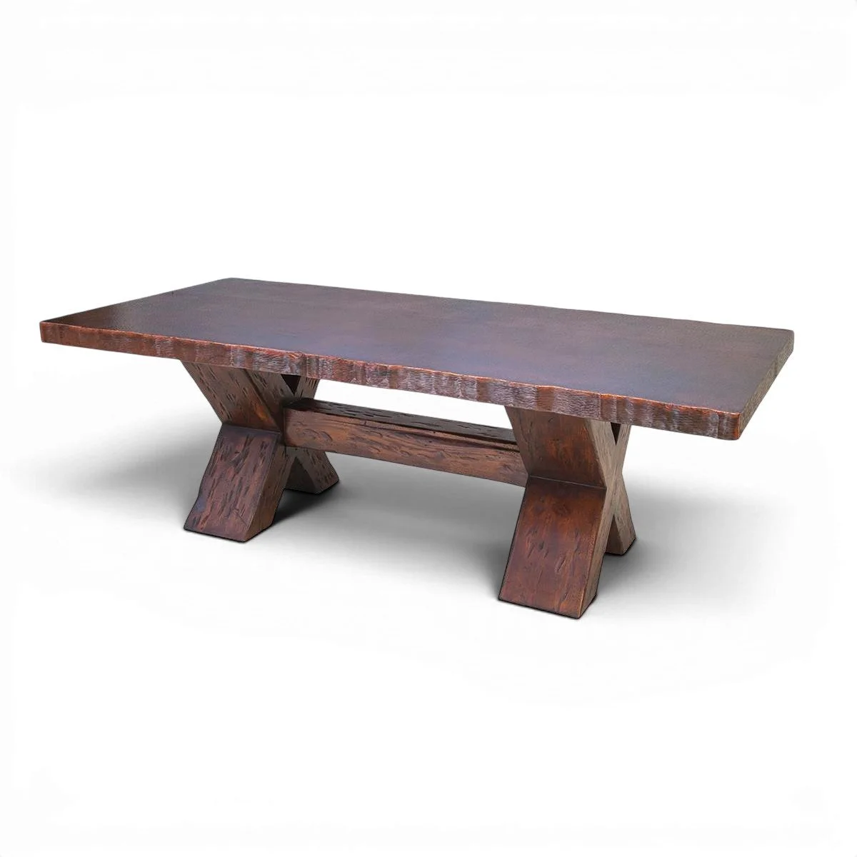 Cheyenne Cobre Dining Table handcrafted in Mexico with live edge copper top and solid wood X-cross base in rich dark stain.
