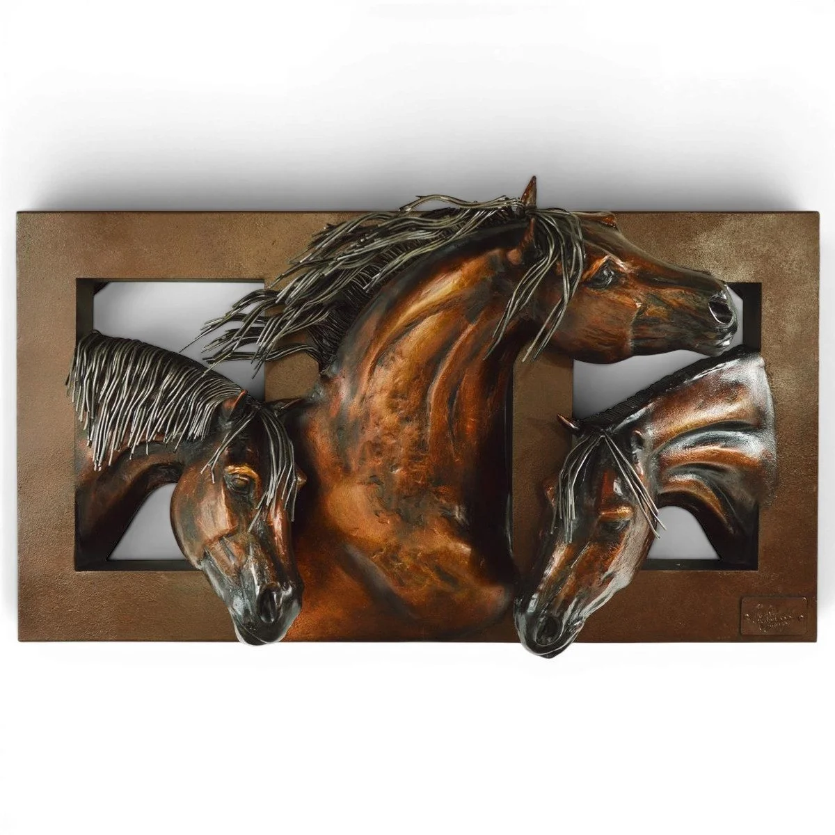Tres Caballos framed bronze-toned gilt copper relief wall art featuring three life-size horse heads with exceptional Western detail.