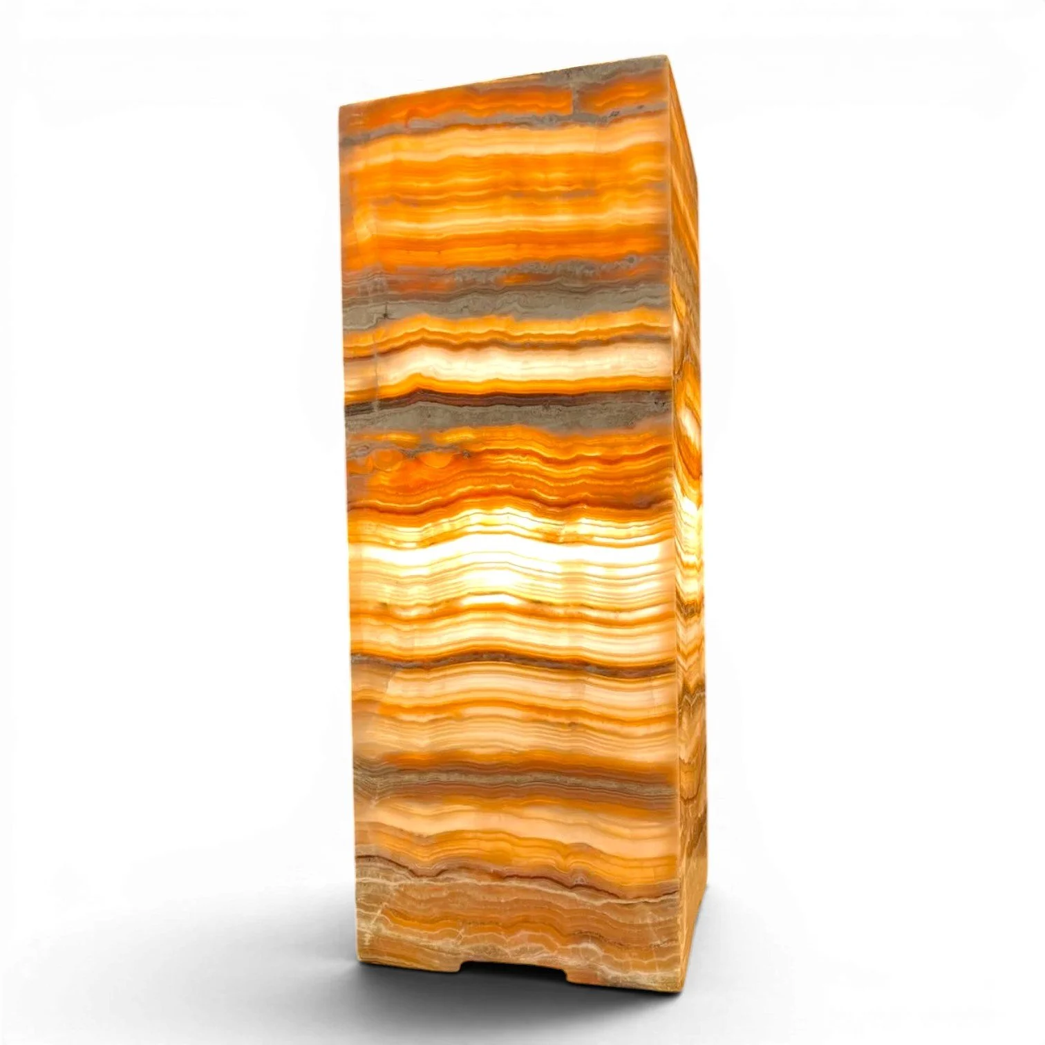 Handmade Mexican square onyx lamp with warm glowing natural stone and coastal luxury style