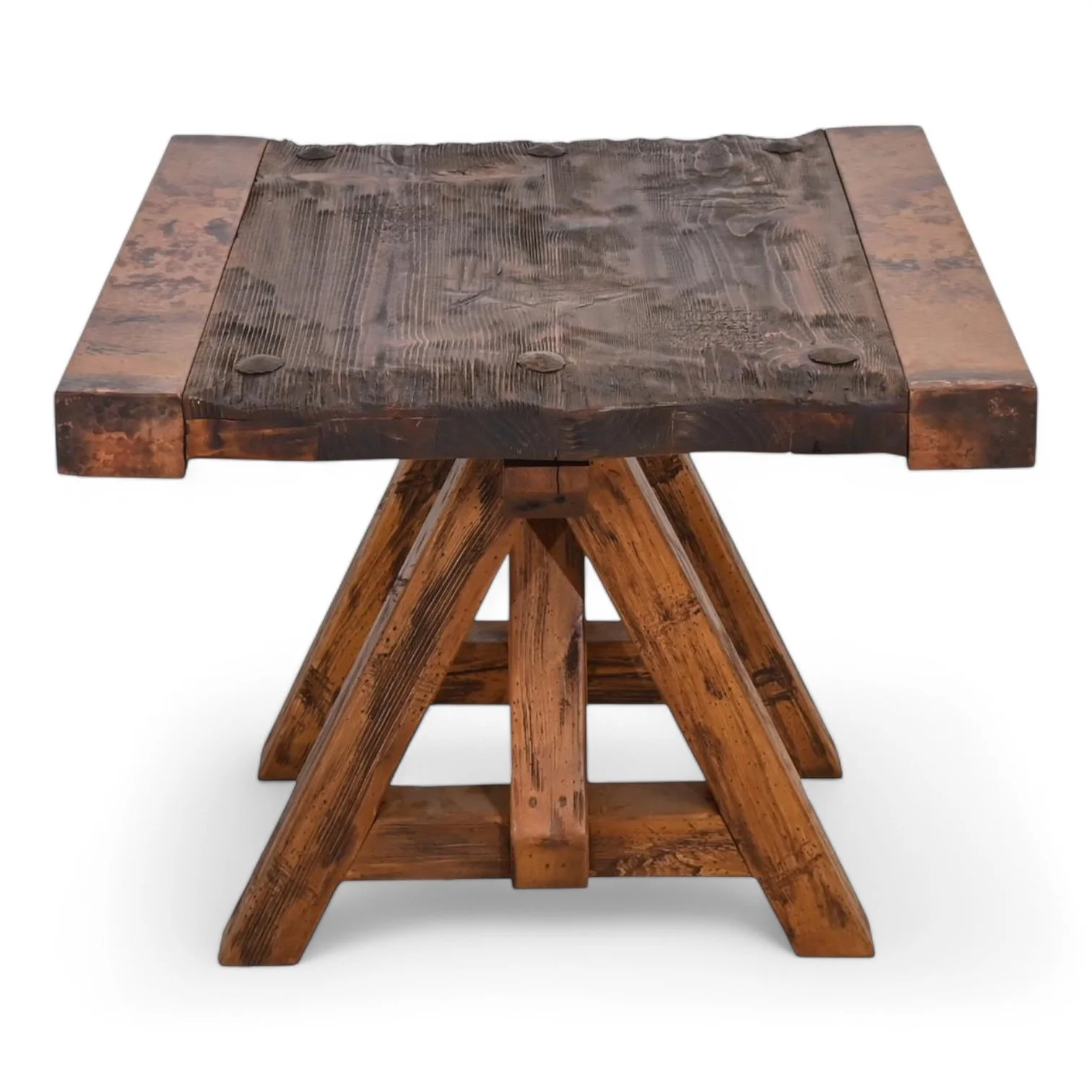 Handmade Floresville reclaimed wood end table with distressed finish and hand-pounded copper edge trim.
