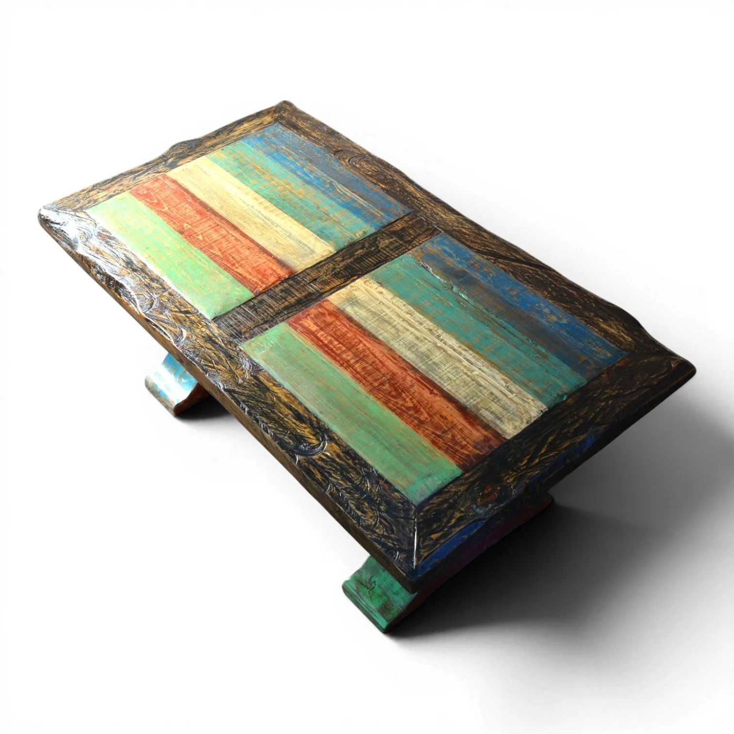 Handmade Mexican reclaimed wood dining table with hand-painted top and trestle base