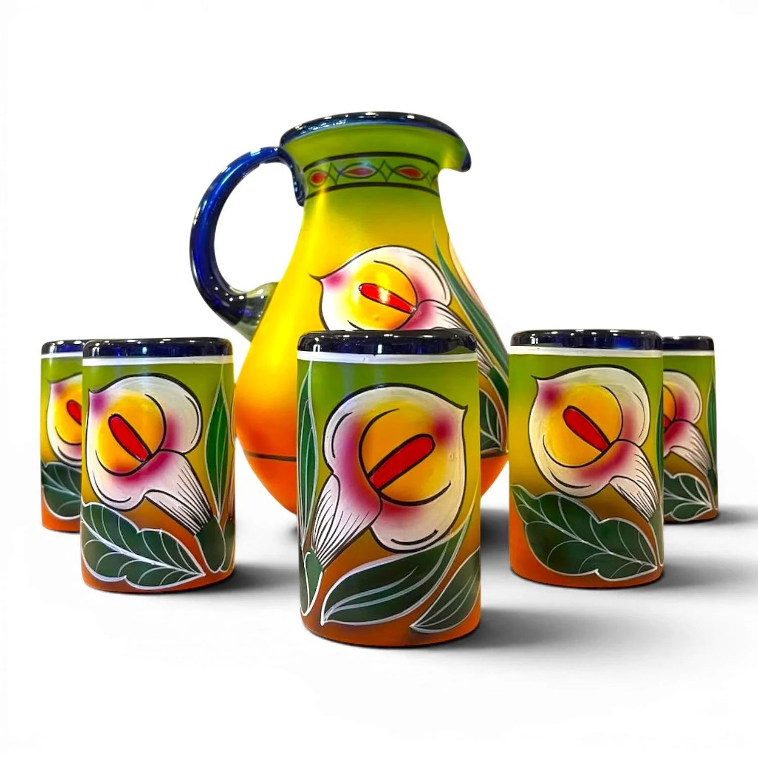 Handblown Painted Calla Lily Pitcher & Tumbler Set | Handmade Mexican Glassware