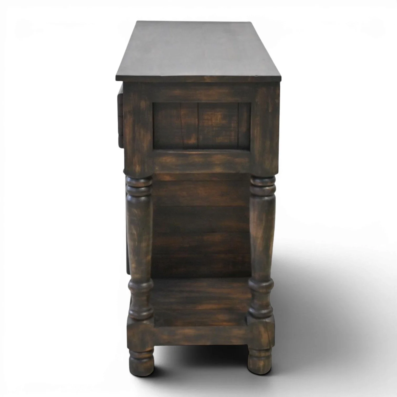 Handmade Mexican Alvarado accent cabinet with black wash finish, hand-carved details, iron hardware, drawers, cabinet, and open shelves
