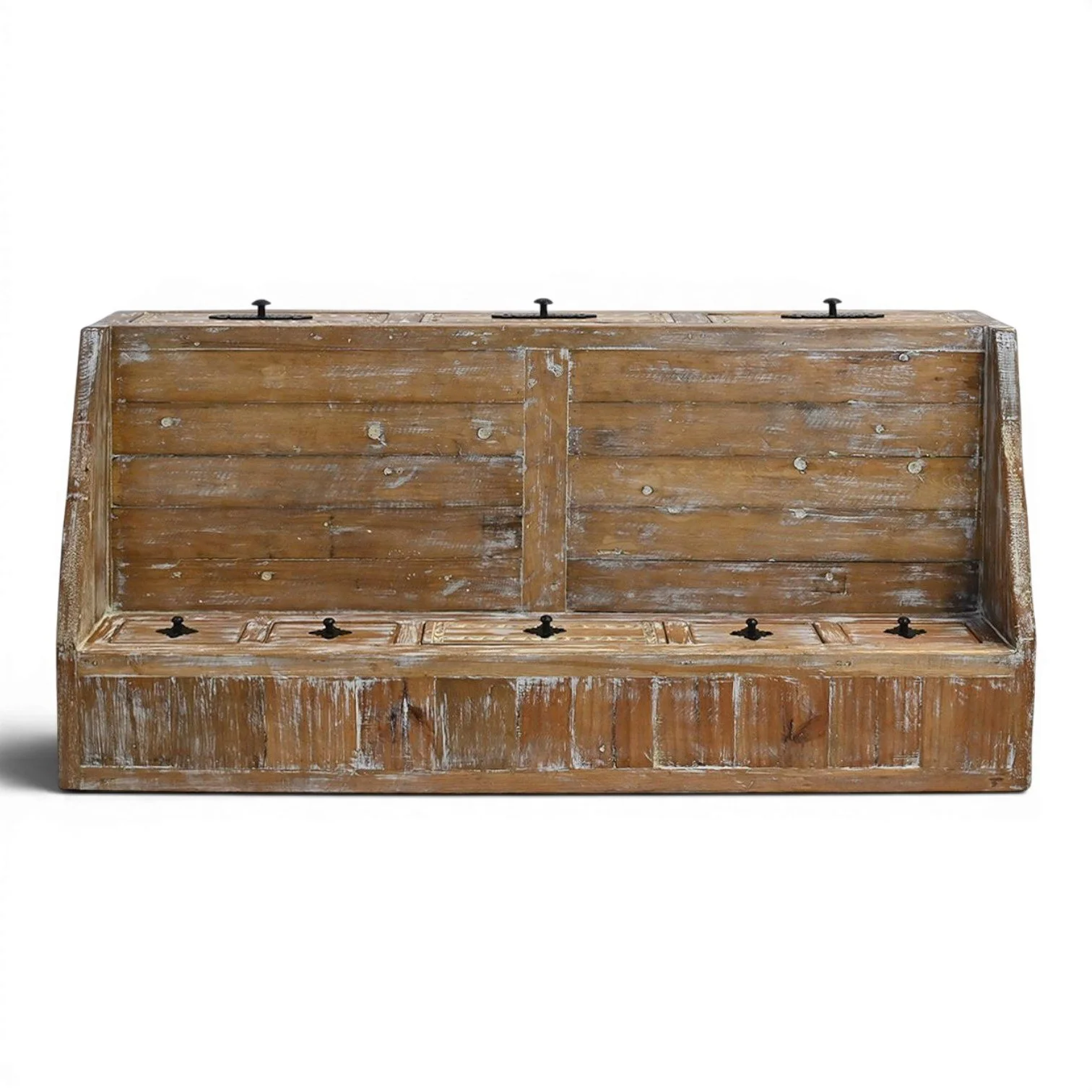 Handmade Mexican Las Carreras white washed desk with hand-carved details, iron hardware, and eight drawers