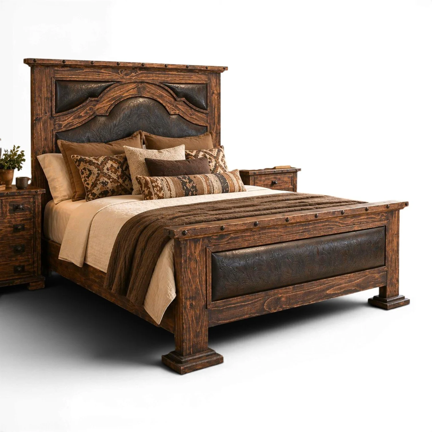 Tucson Tooled Leather Bed | Handmade Western Leather Bed from Mexico