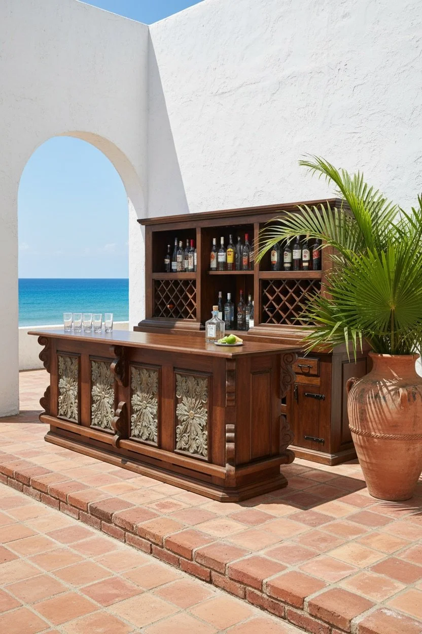 Shop a carved turquoise bar with storage. Rustic cantina-style bar for home, restaurant, or game room with artisan craftsmanship.