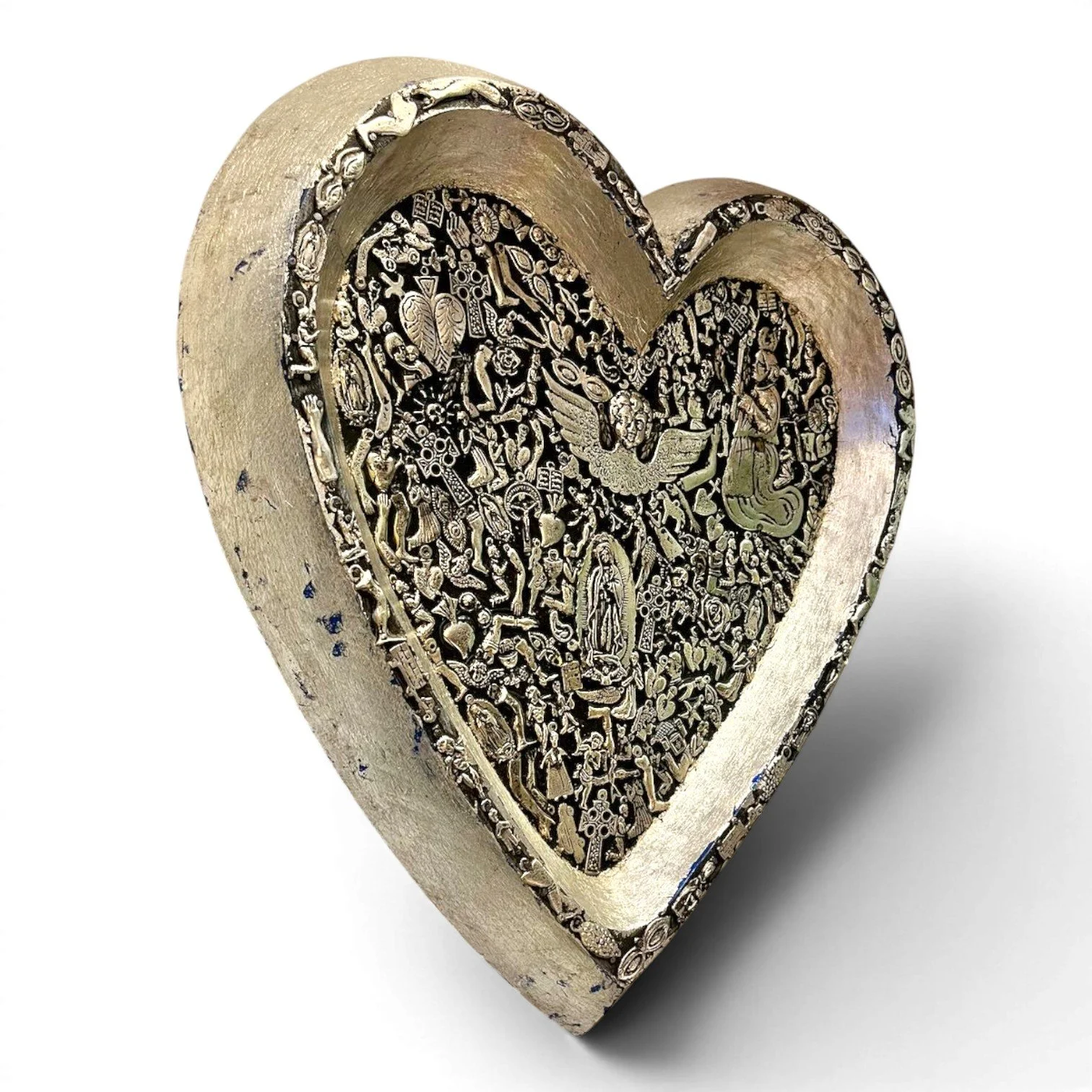 Handmade Mexican wooden heart wall art with silver milagros charms