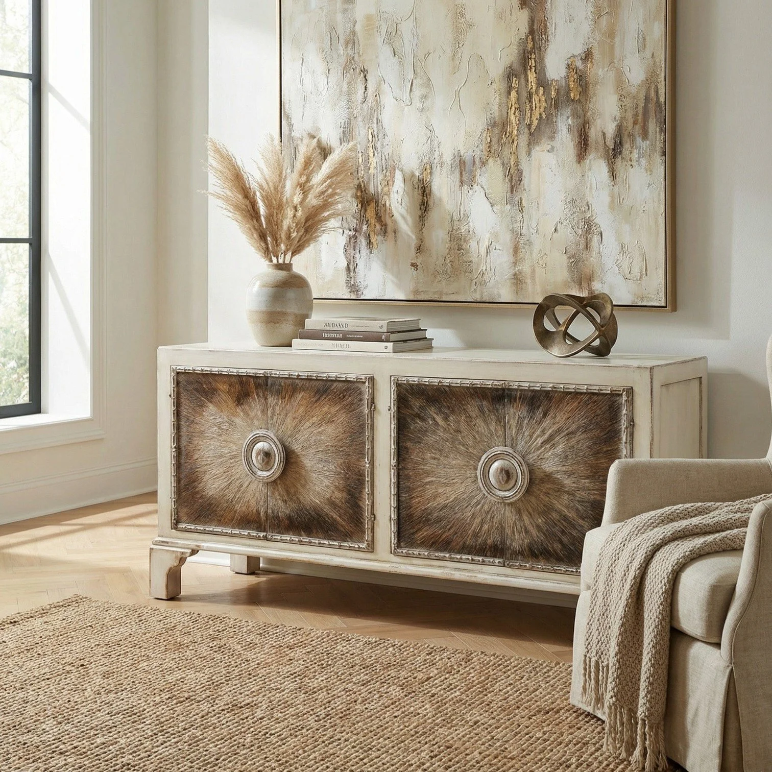Handmade wood sideboard with hand-painted hide-textured cabinet doors