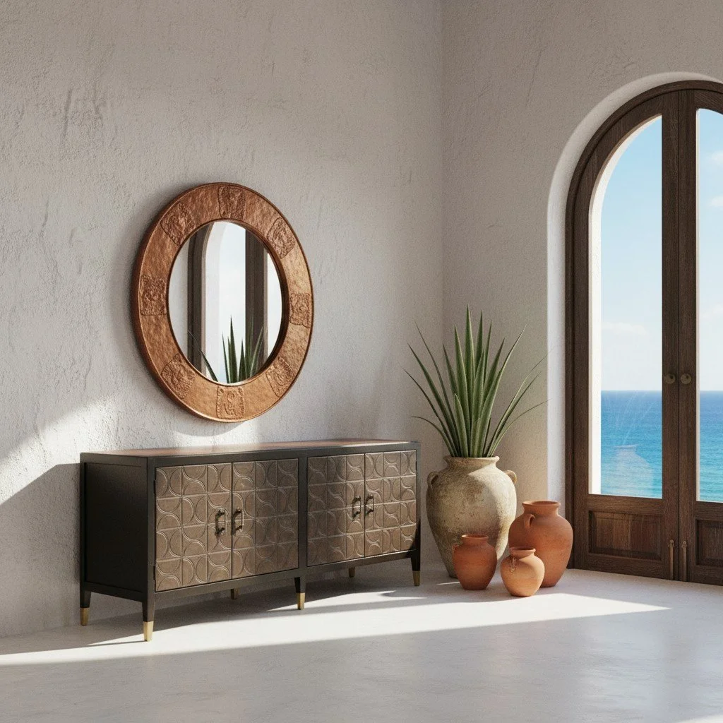 Handmade Peruvian Collana Buffet with dark chocolate leather doors and geometric design