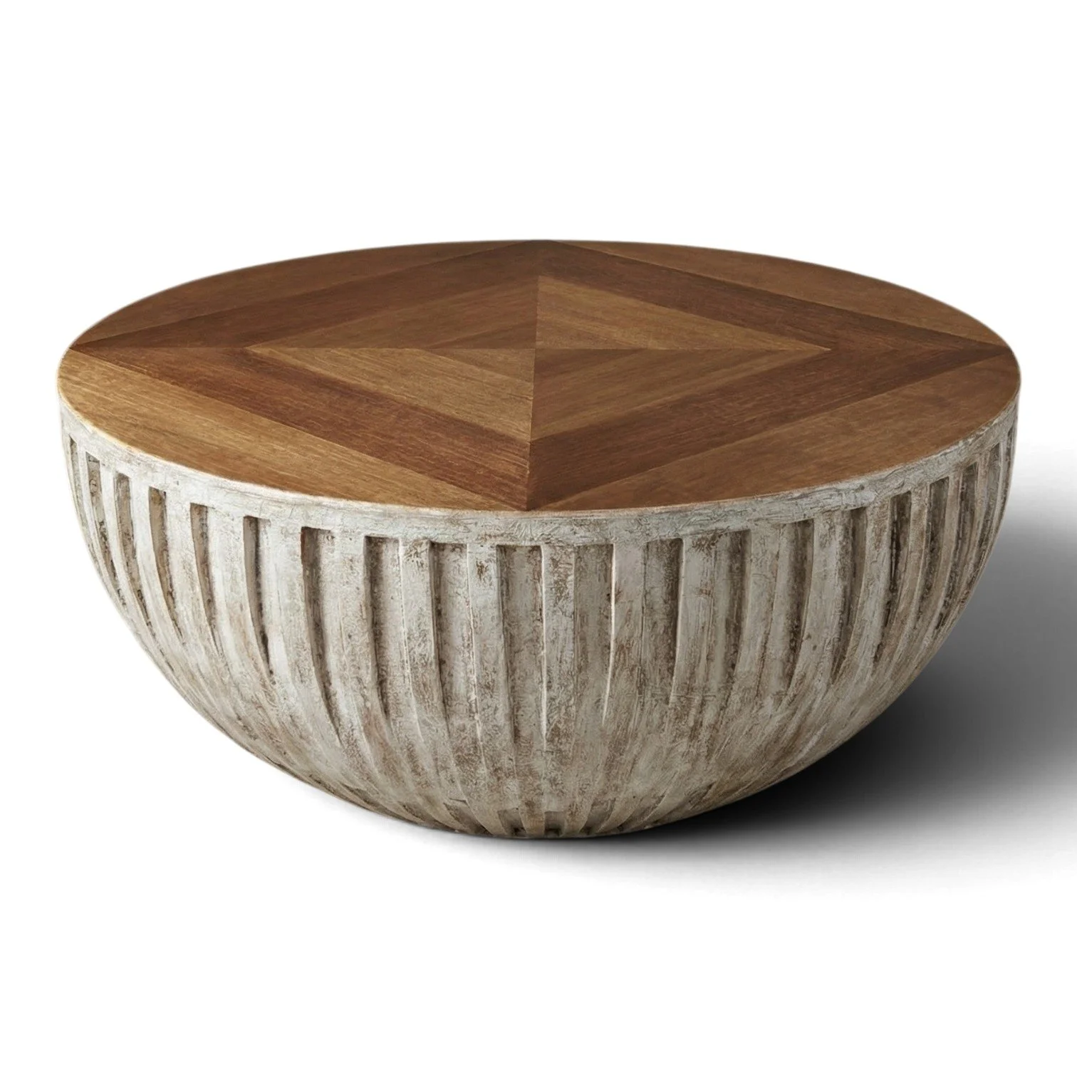 Handmade round coffee table with parquet wood top and silver leaf ribbed base