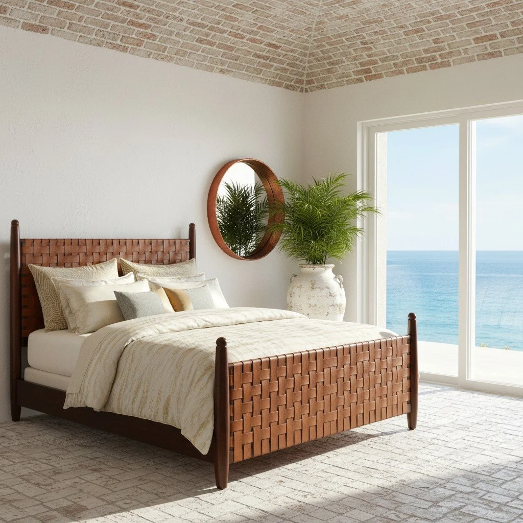 Handmade king bed with hand-woven leather headboard and footboard, wood frame