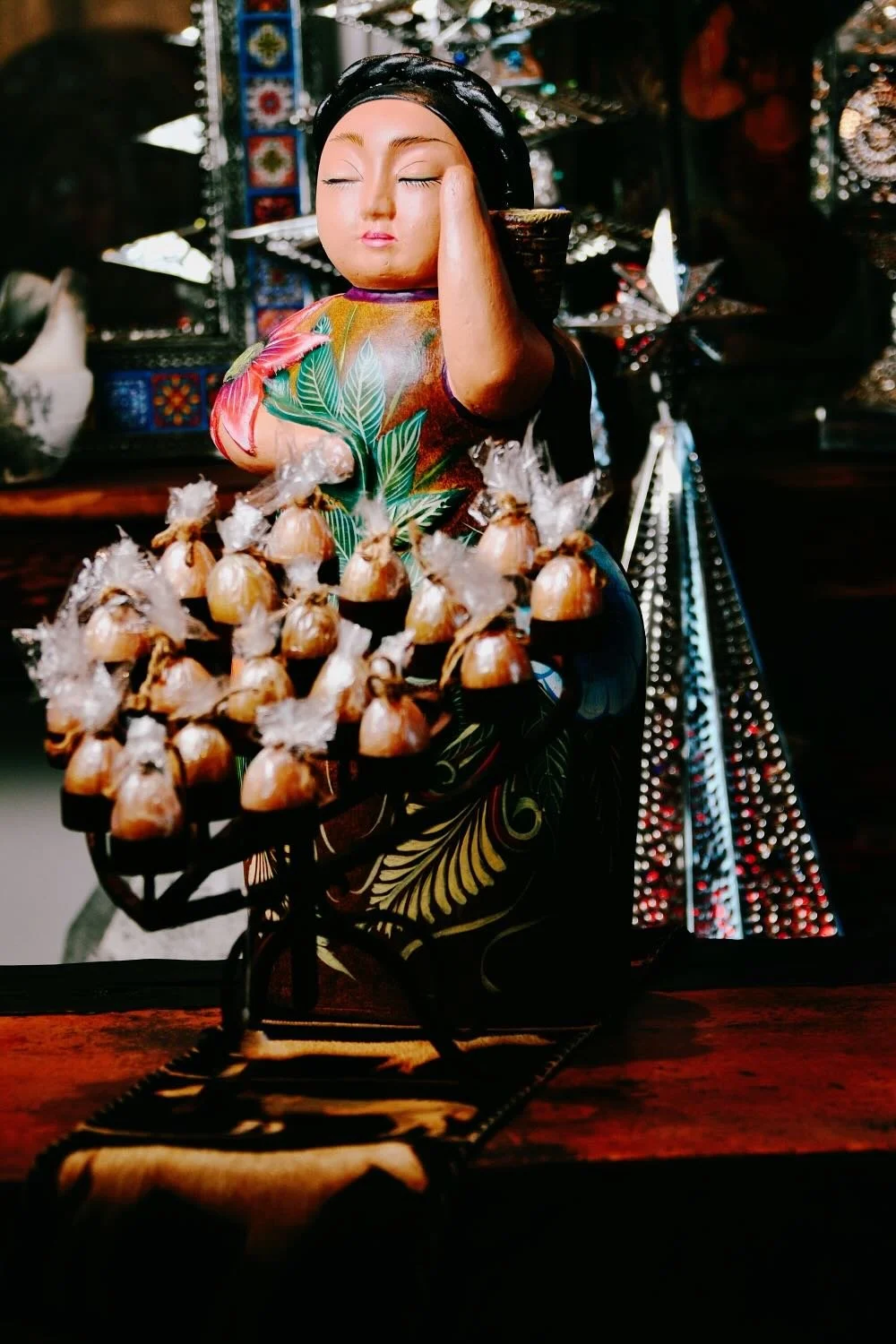 Iron Heart Candelabra and Clay Gorda Doll from Mexico