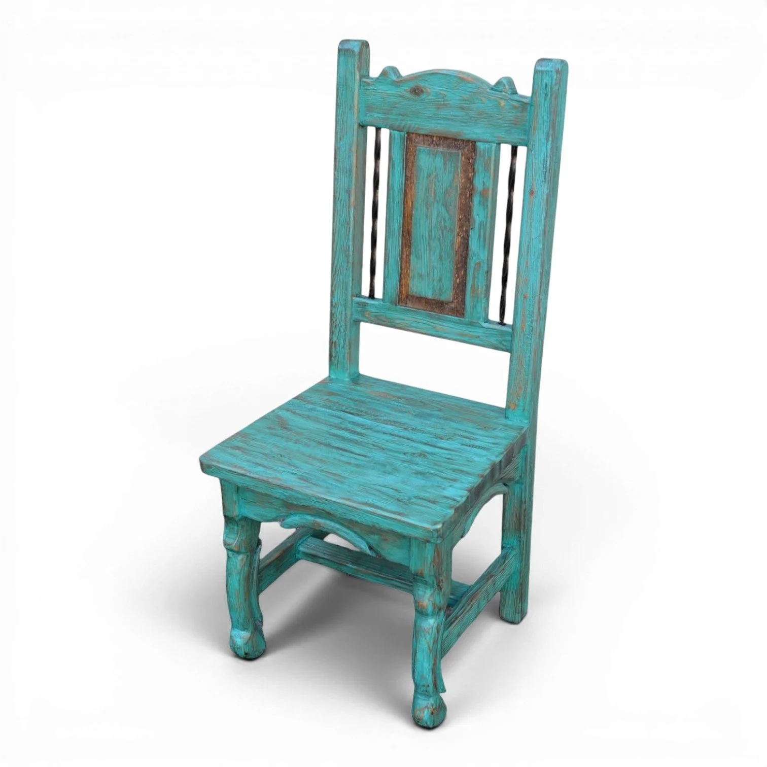 Silla Veracruz handcrafted Mexican reclaimed wood dining chair with twisted iron backrest and hand-carved details