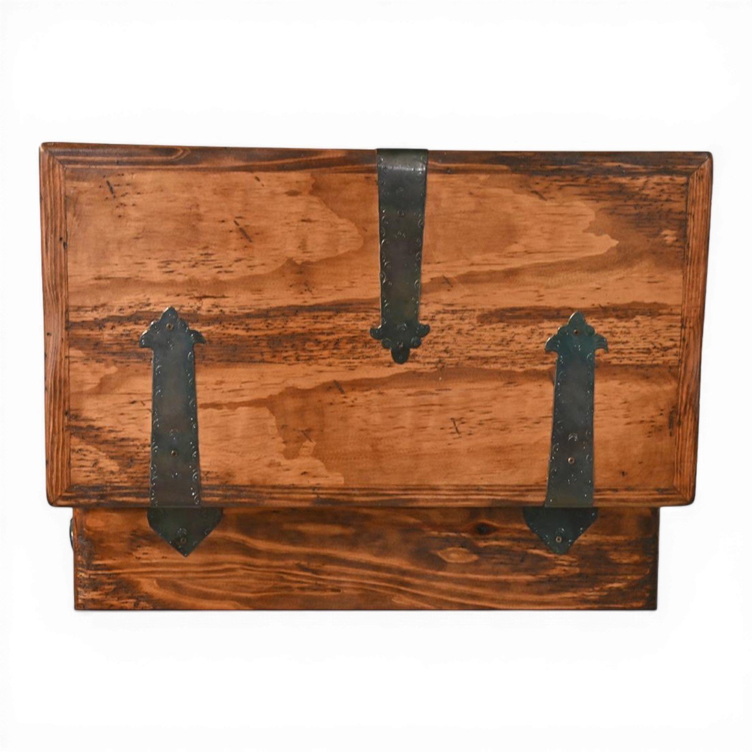 Handmade Danzante coffee table trunk with iron hardware and dark stain finish crafted in Mexico for small space storage.