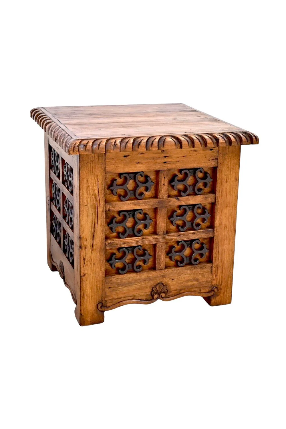 Shop the Saratoga End Table handmade in Mexico. Solid wood table with rope edge carving, iron accents, and dark stain for rustic luxury style.