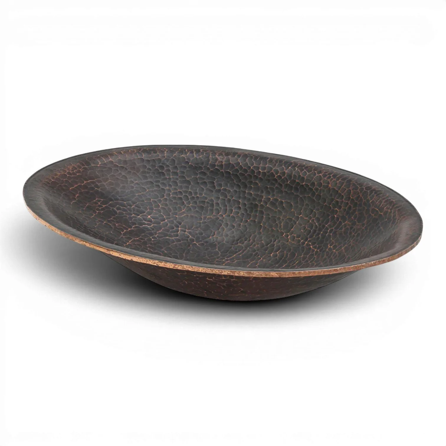 Hacienda Old World 20-inch oval hand forged hammered copper vessel sink with oil rubbed bronze patina.