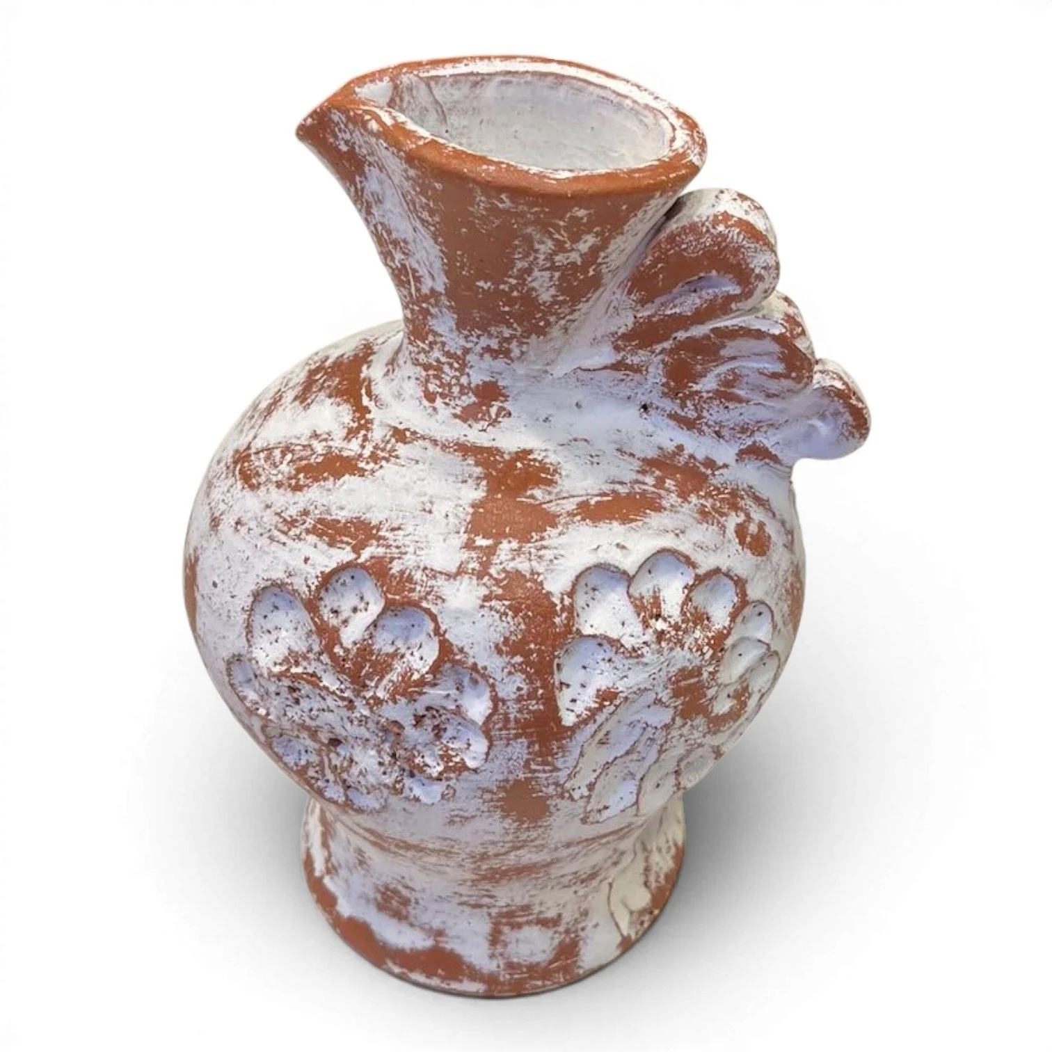 Handmade Mexican Jarra Blanca clay pitcher vase with distressed whitewashed finish, decorative flower, and ribbon handle