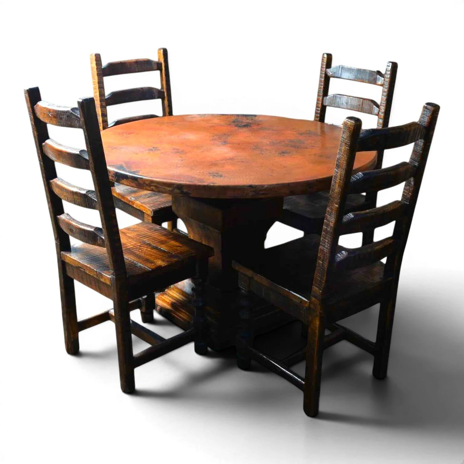 Handmade Mexican round copper dining table with hand-carved reclaimed wood pedestal base