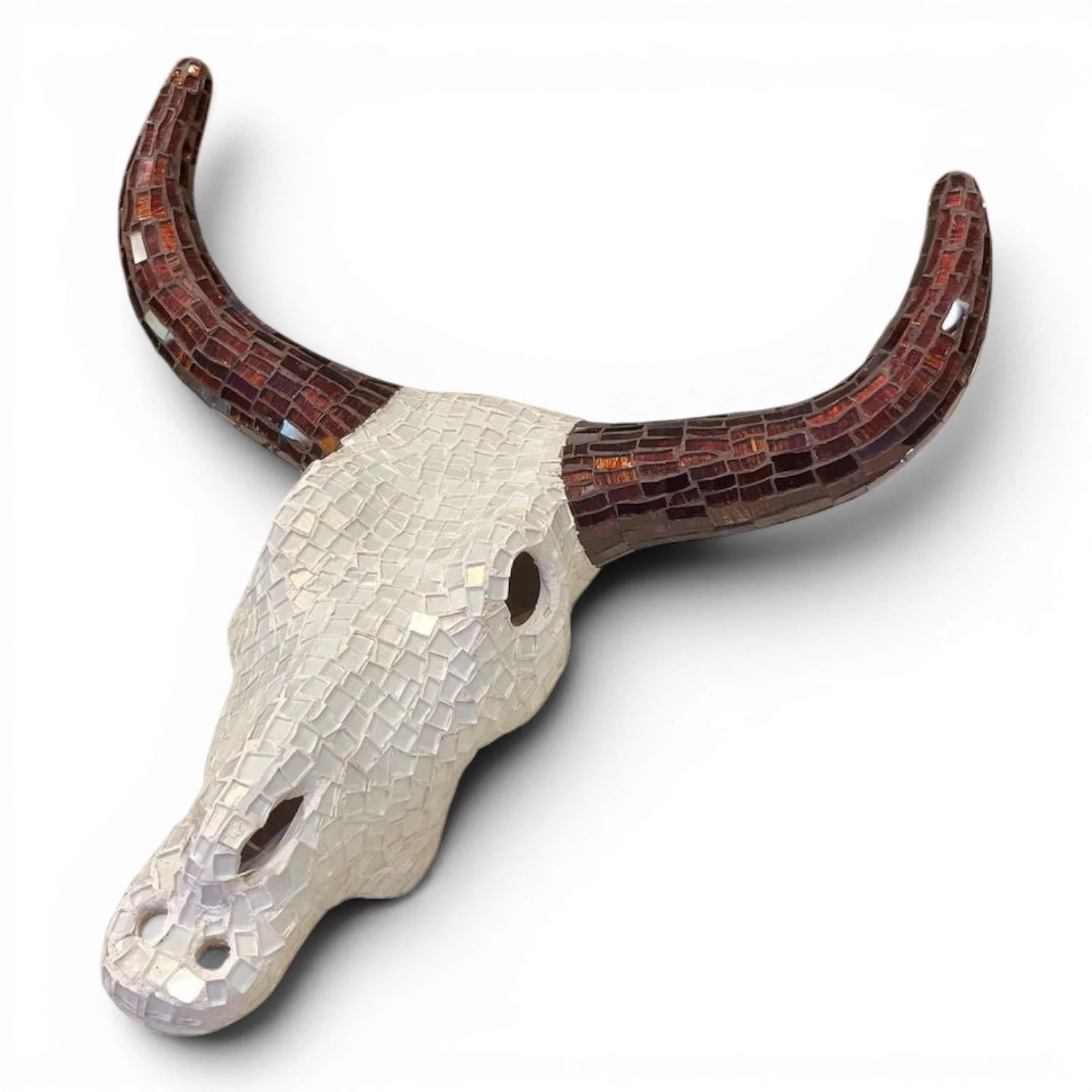 Handmade Mexican mosaic longhorn wall art with hand-formed clay skull and colorful glass tiles