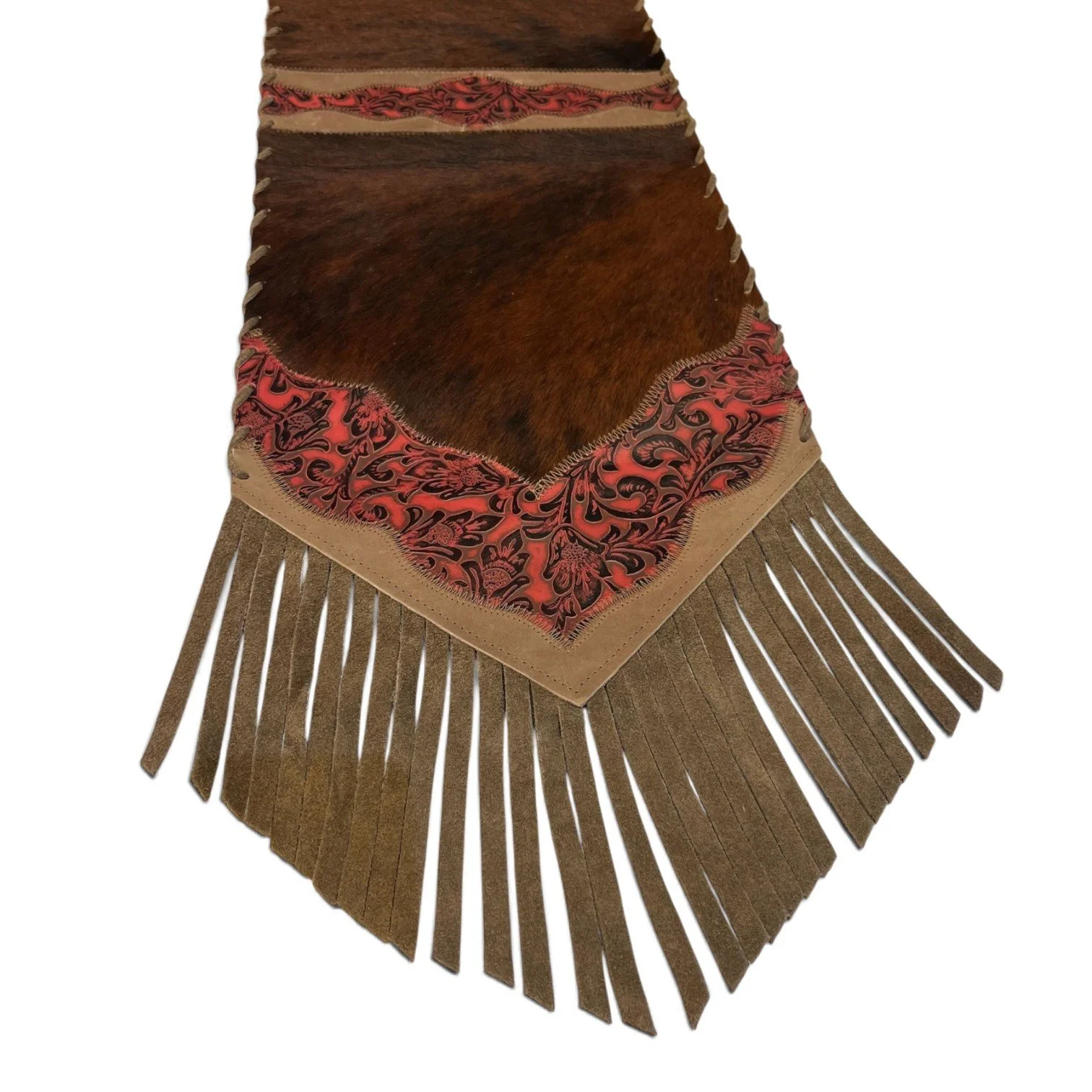 Handmade Brazilian cowhide table runner with tooled leather and fringe - 23