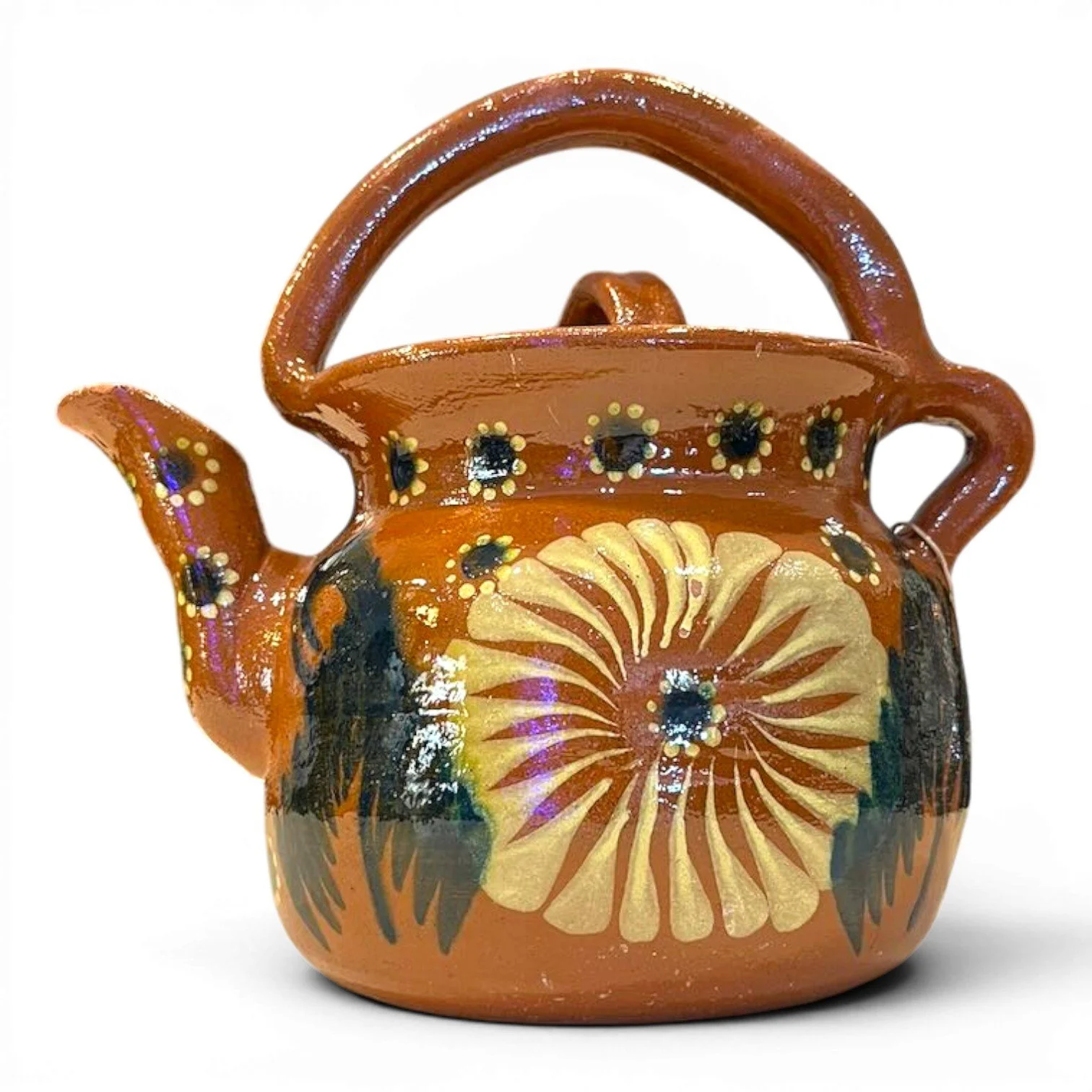 Handmade Mexican Cafetera de Barro clay coffee and tea pot with hand-painted floral design and glazed finish.