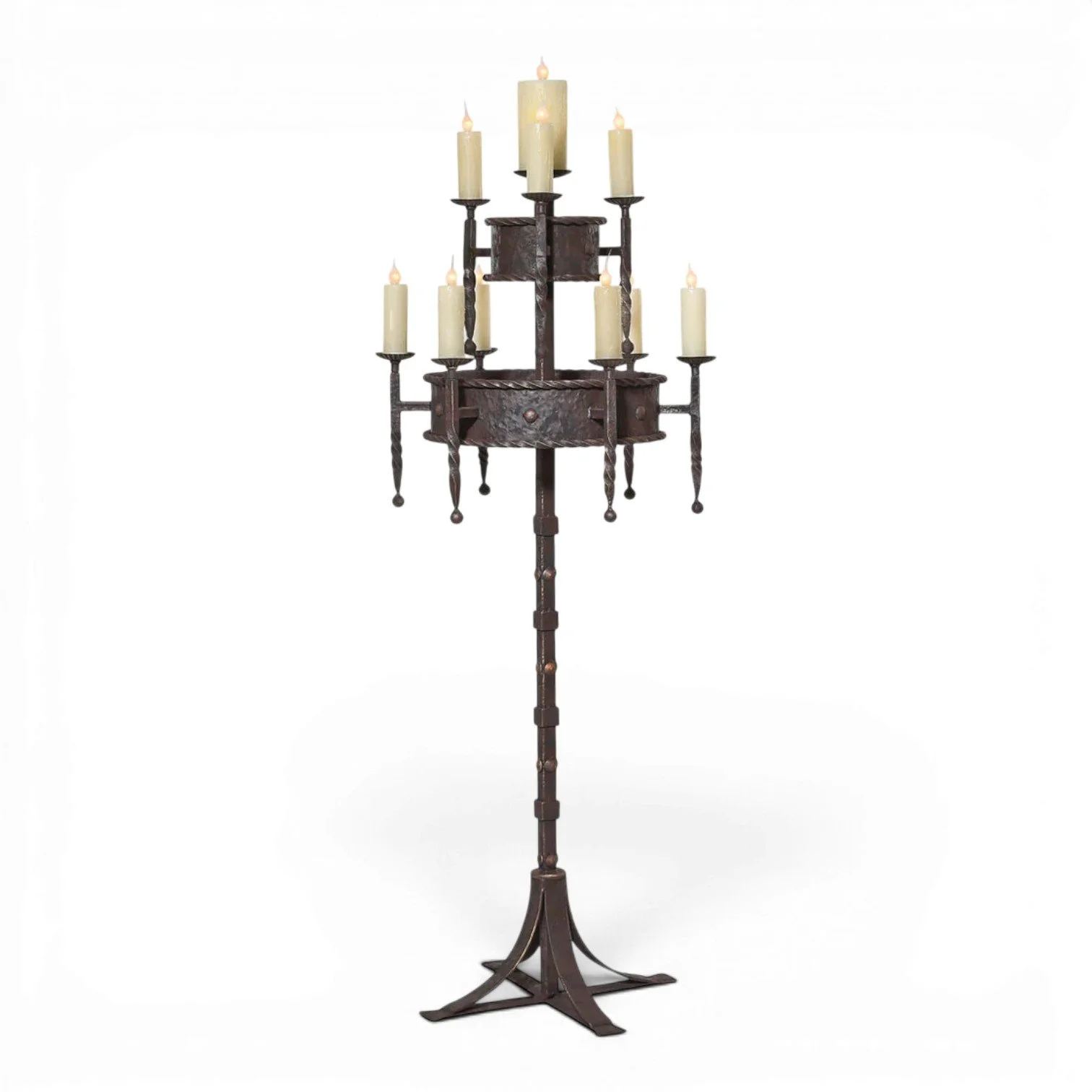 Handmade USA iron candelabra floor lamp with hand pounded design and candlelight-inspired style