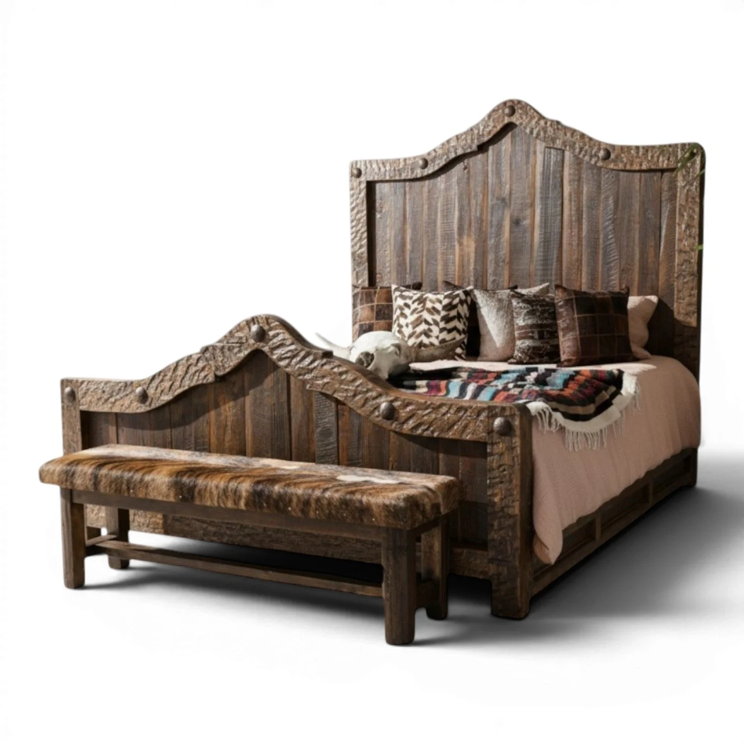 Hacienda Rústica y Elegante handcrafted Mexican reclaimed wood bed with arched headboard, dark stain, and iron clavos