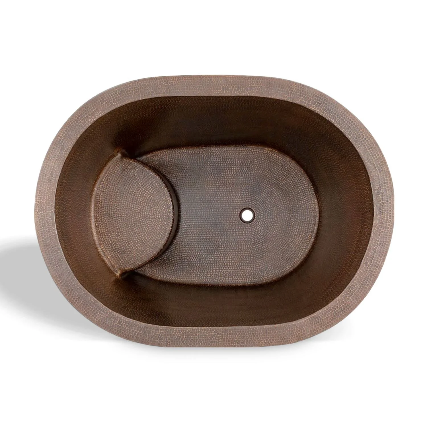 Handmade Hacienda 48-inch hammered copper oval Japanese soaking tub with built-in copper seat and oil rubbed bronze finish.