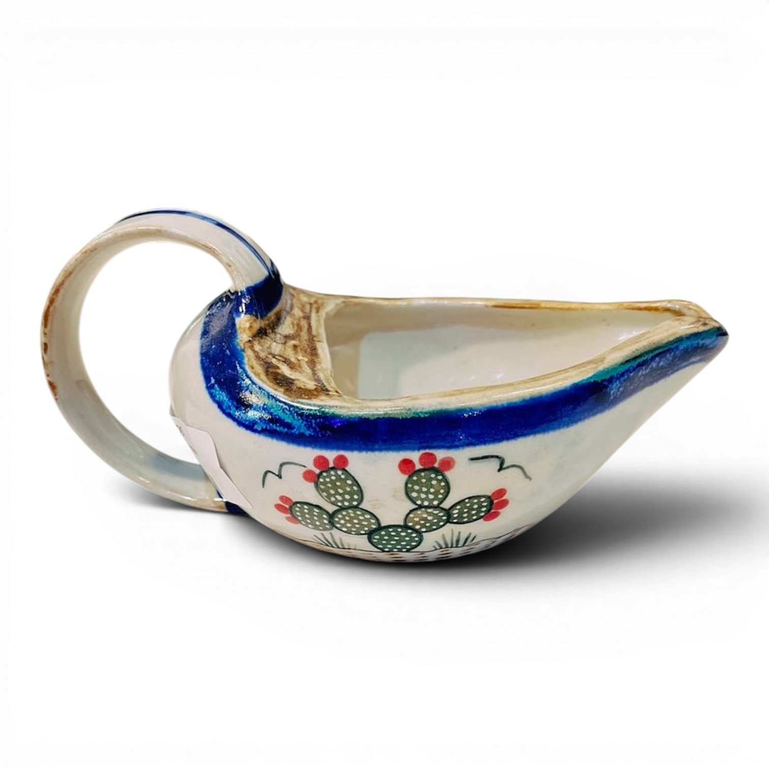 Handmade Mexican Talavera cactus salsa boat with hand-painted cobalt blue rim