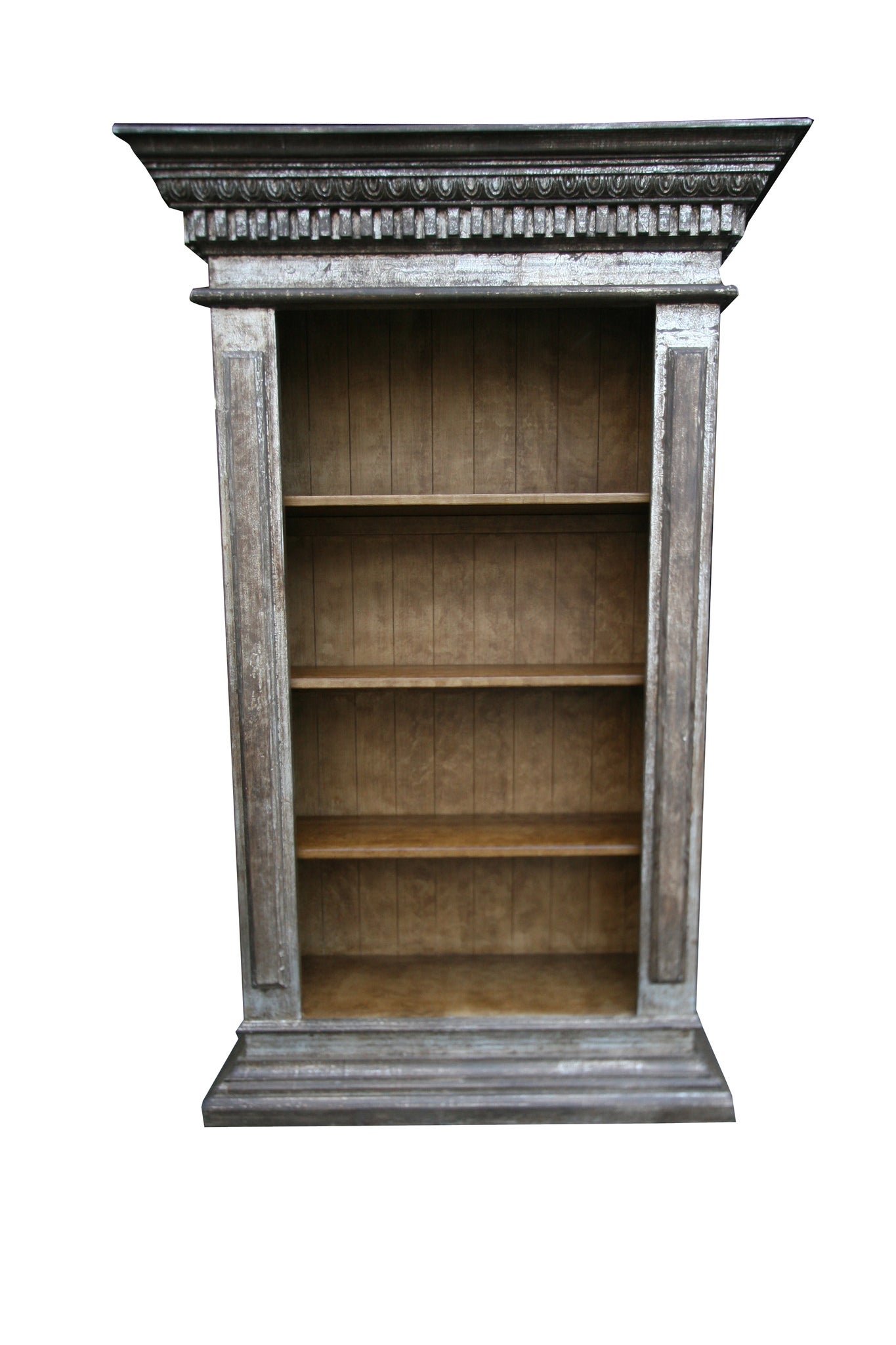 Shop the Valentina Bookcase handmade in Peru. Distressed silver grey finish, hand carved details, and four shelves for elegant Old World storage and display.